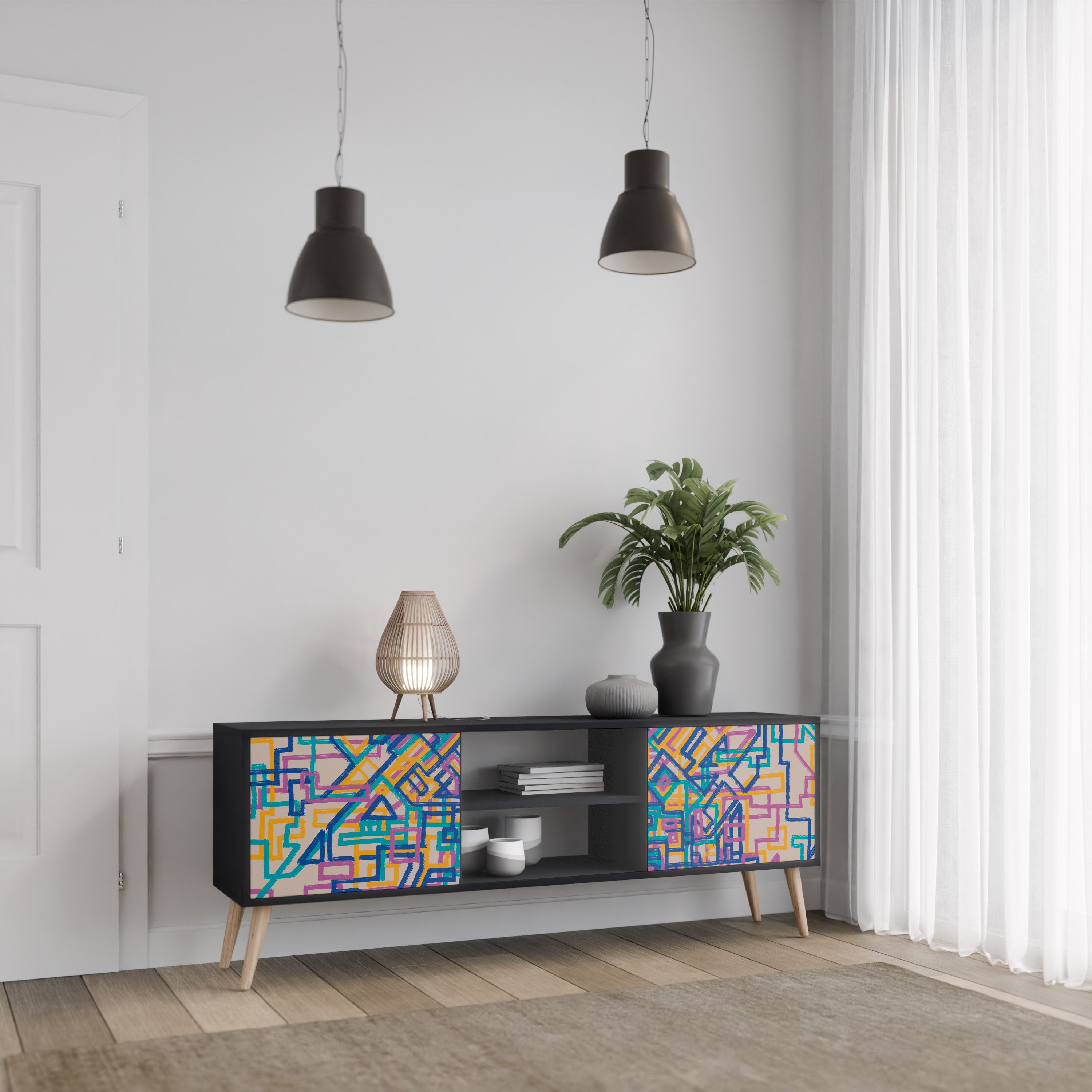 Mueble de TV de 2 puertas MEMORIES MAP en acabado negro
