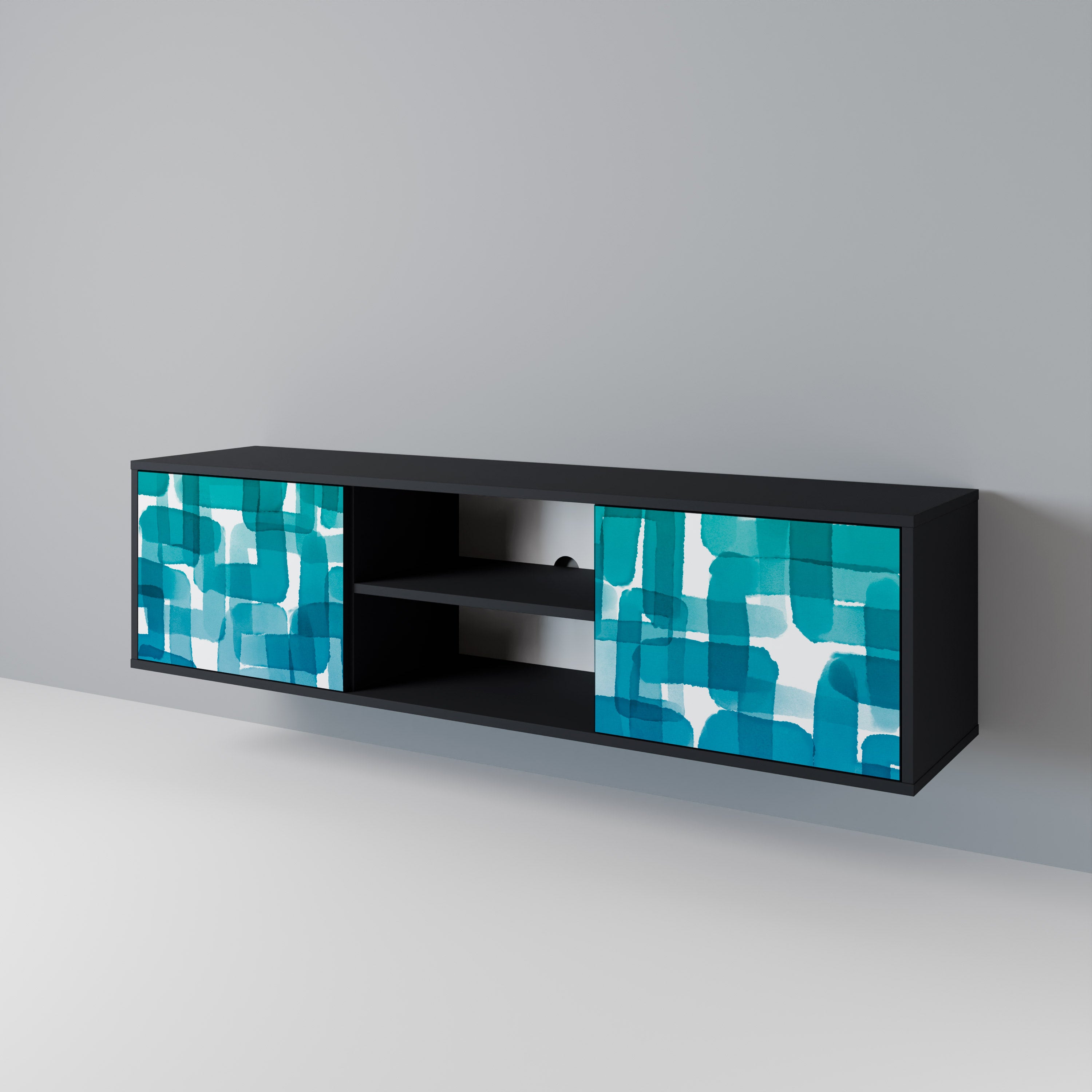 Mueble de TV de 2 puertas con rectángulos turquesas en acabado negro