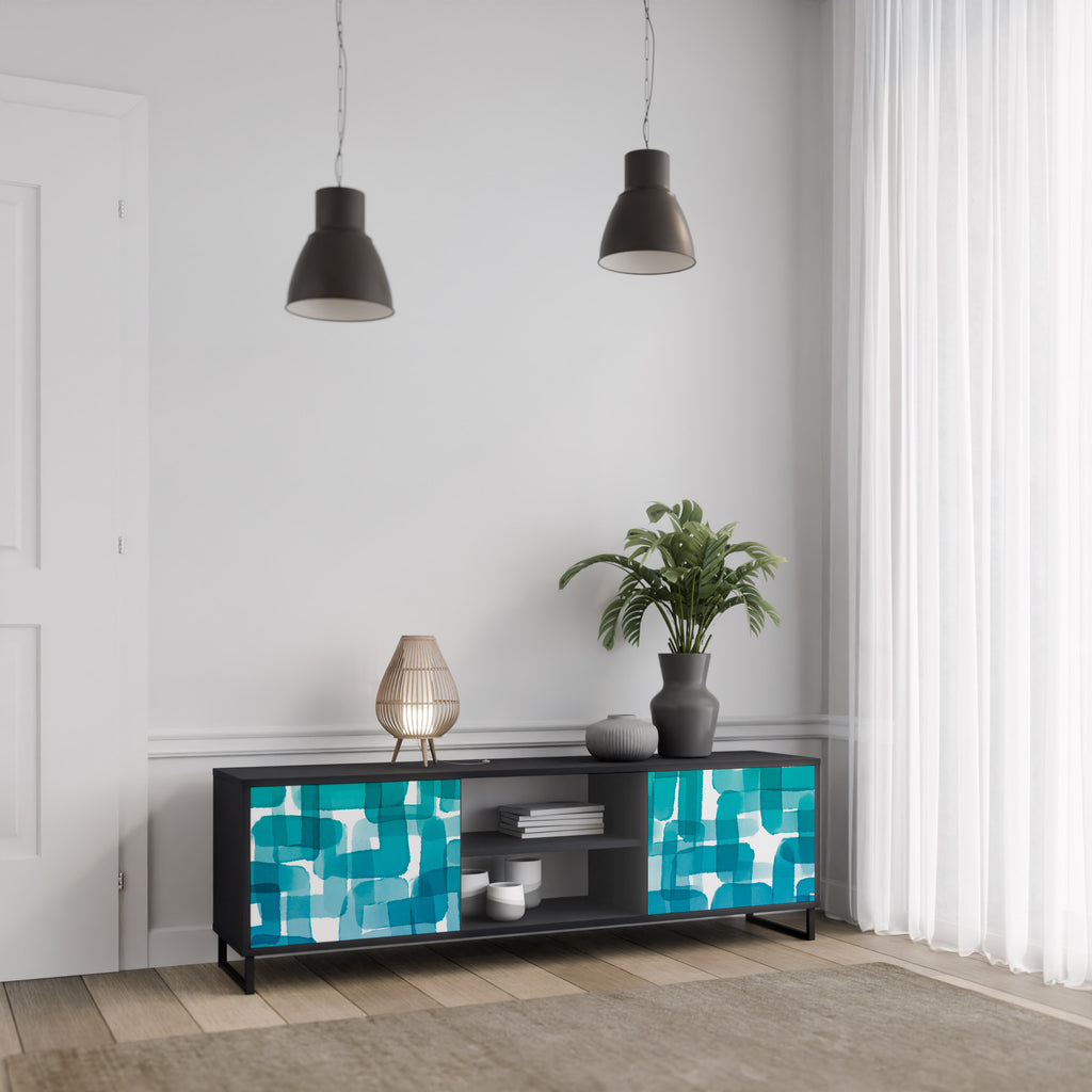 Mueble de TV de 2 puertas con rectángulos turquesas en acabado negro