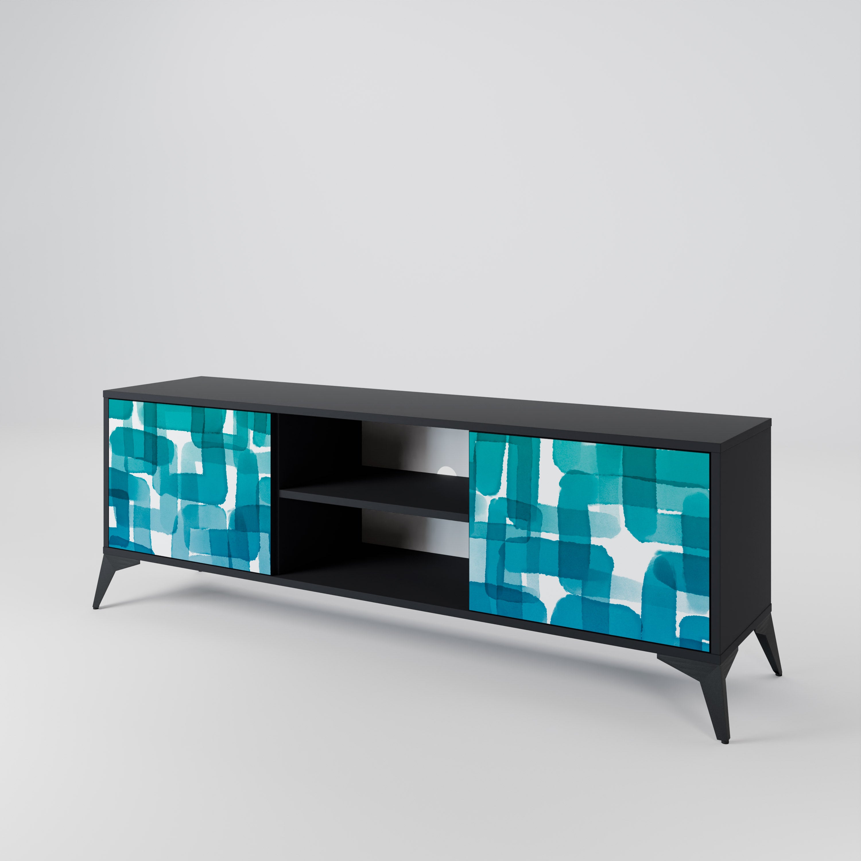 Mueble de TV de 2 puertas con rectángulos turquesas en acabado negro