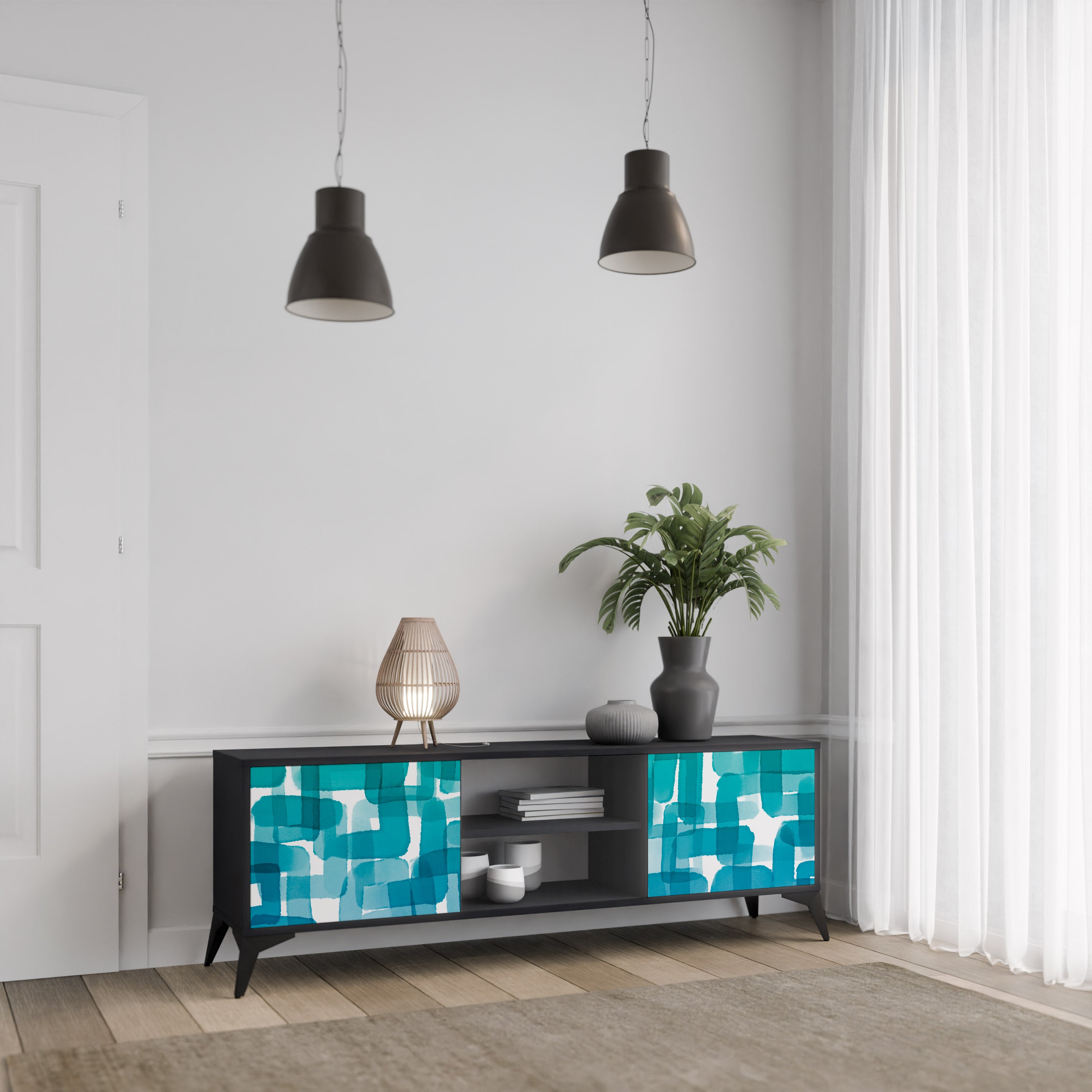 Mueble de TV de 2 puertas con rectángulos turquesas en acabado negro