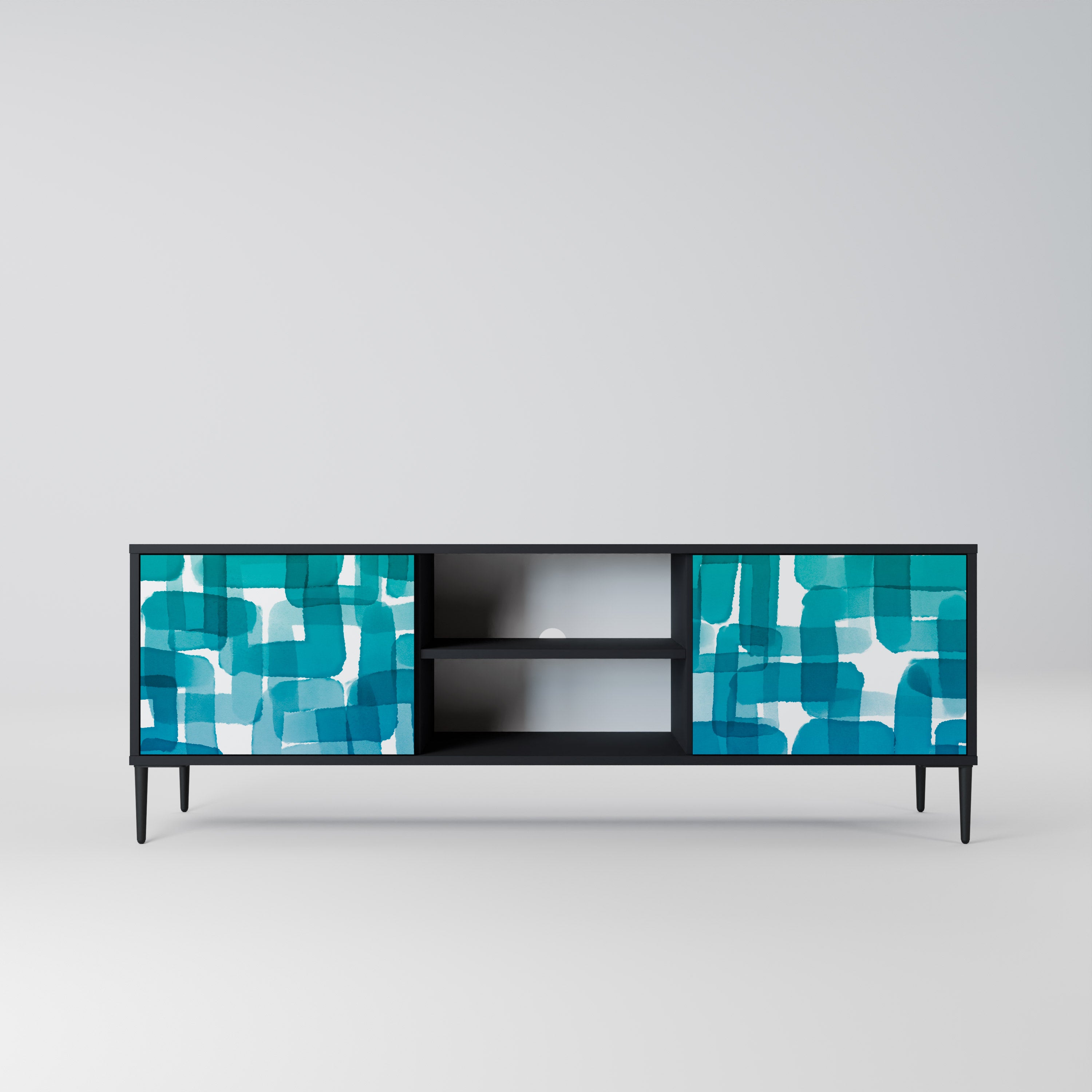 Mueble de TV de 2 puertas con rectángulos turquesas en acabado negro