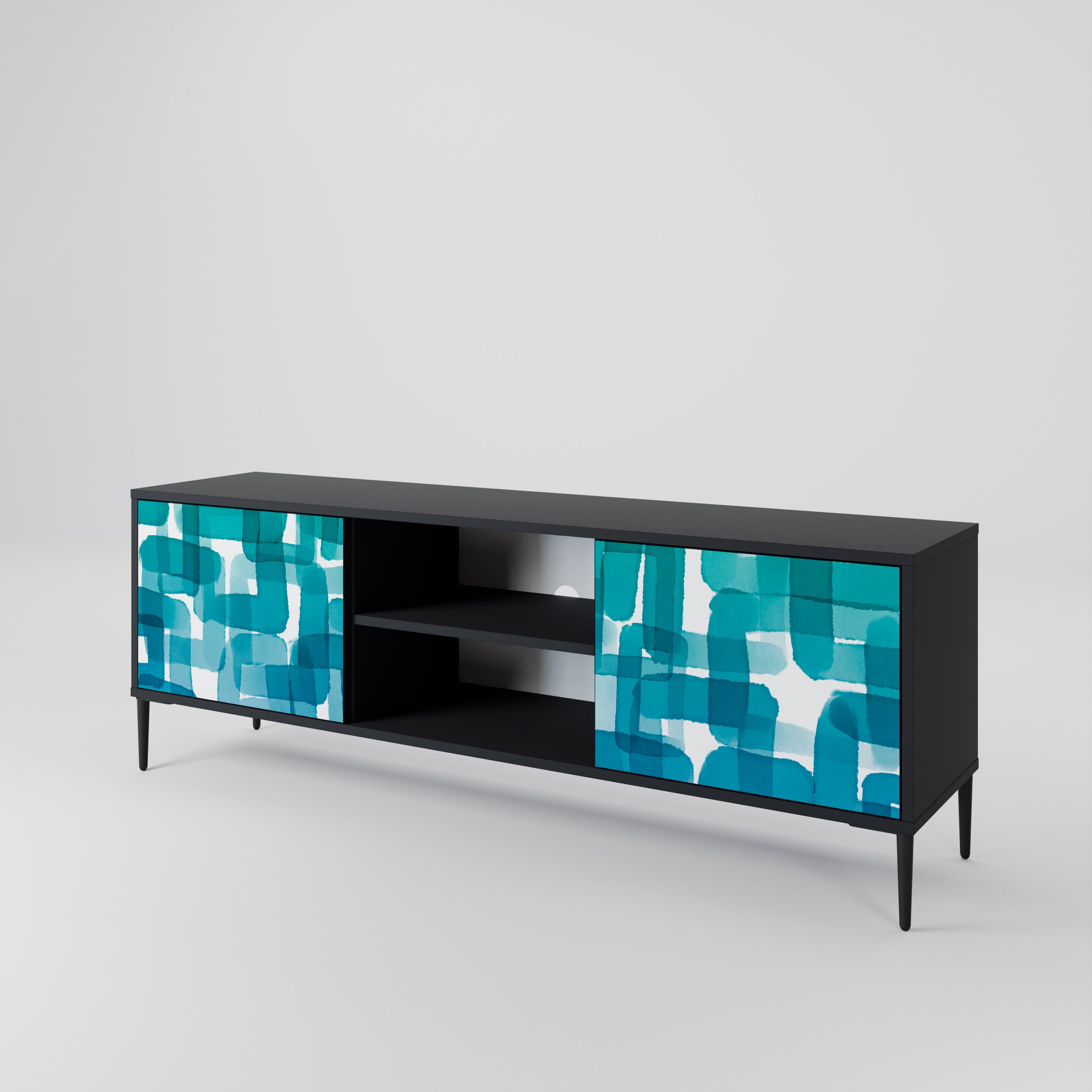 Mueble de TV de 2 puertas con rectángulos turquesas en acabado negro