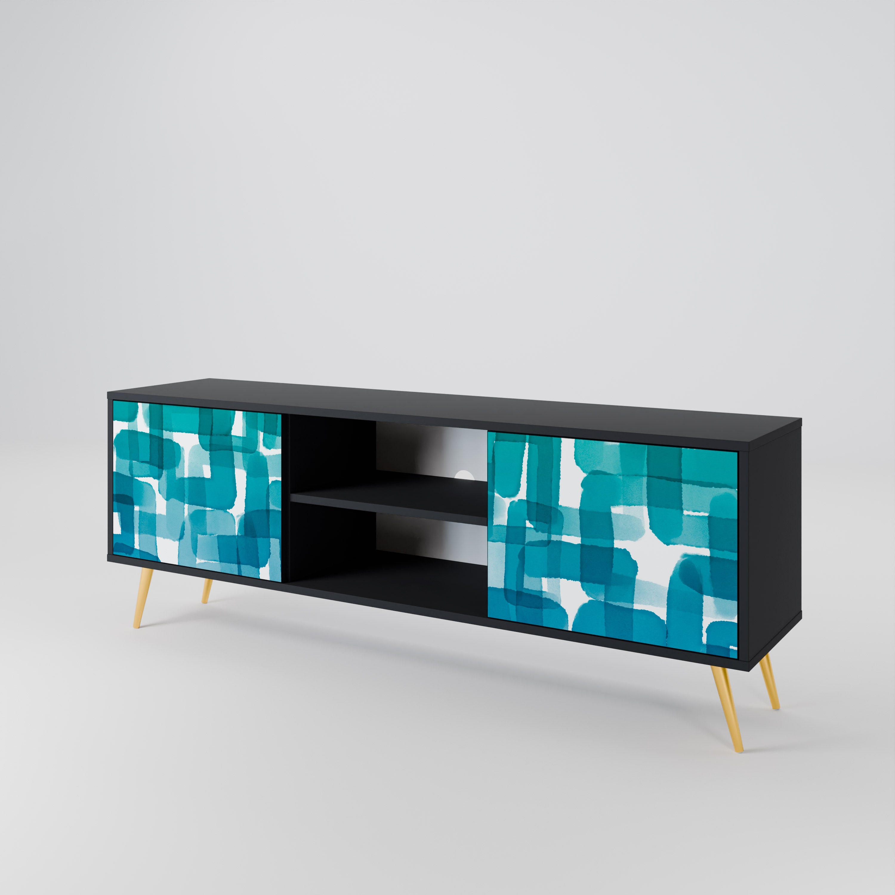 Mueble de TV de 2 puertas con rectángulos turquesas en acabado negro