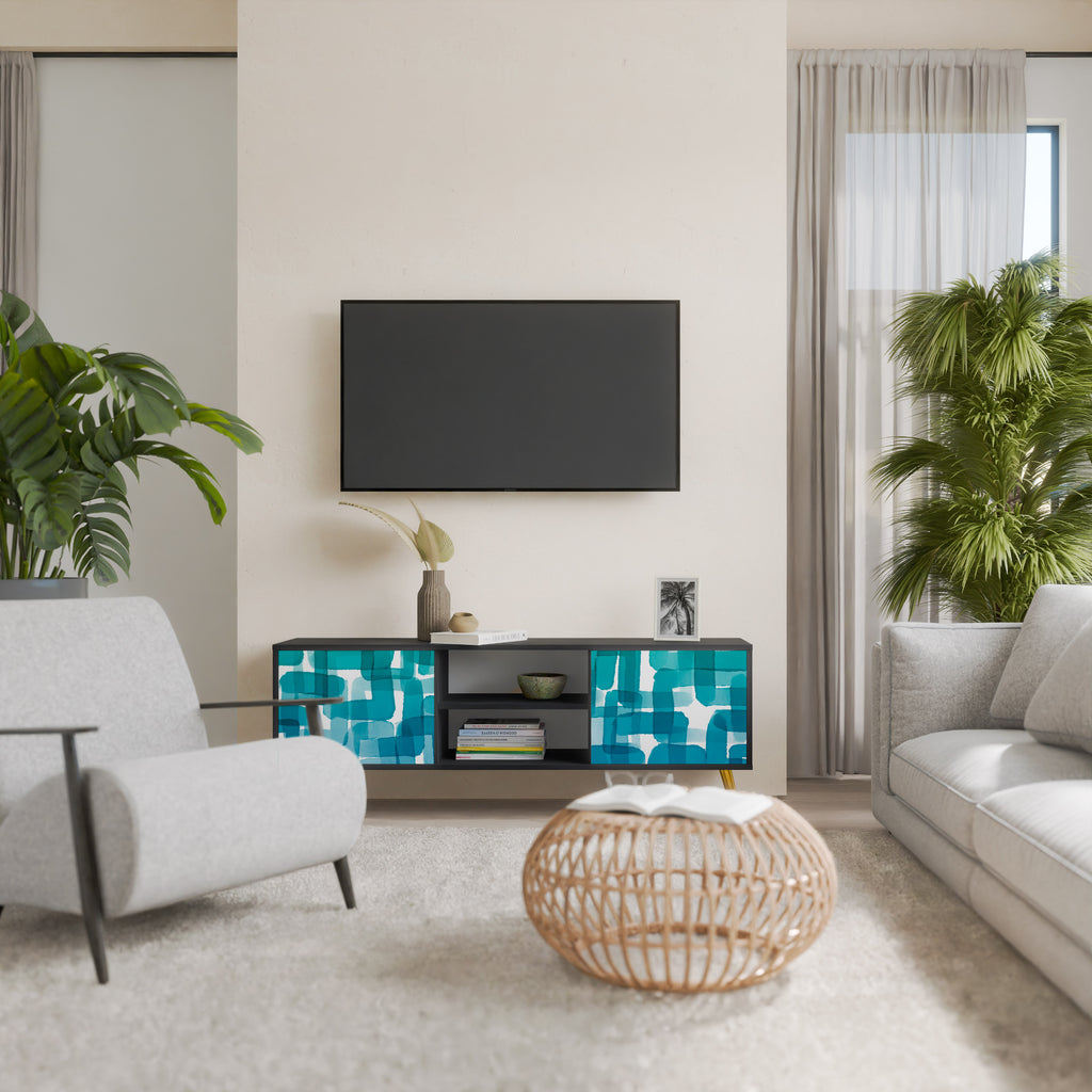 Mueble de TV de 2 puertas con rectángulos turquesas en acabado negro