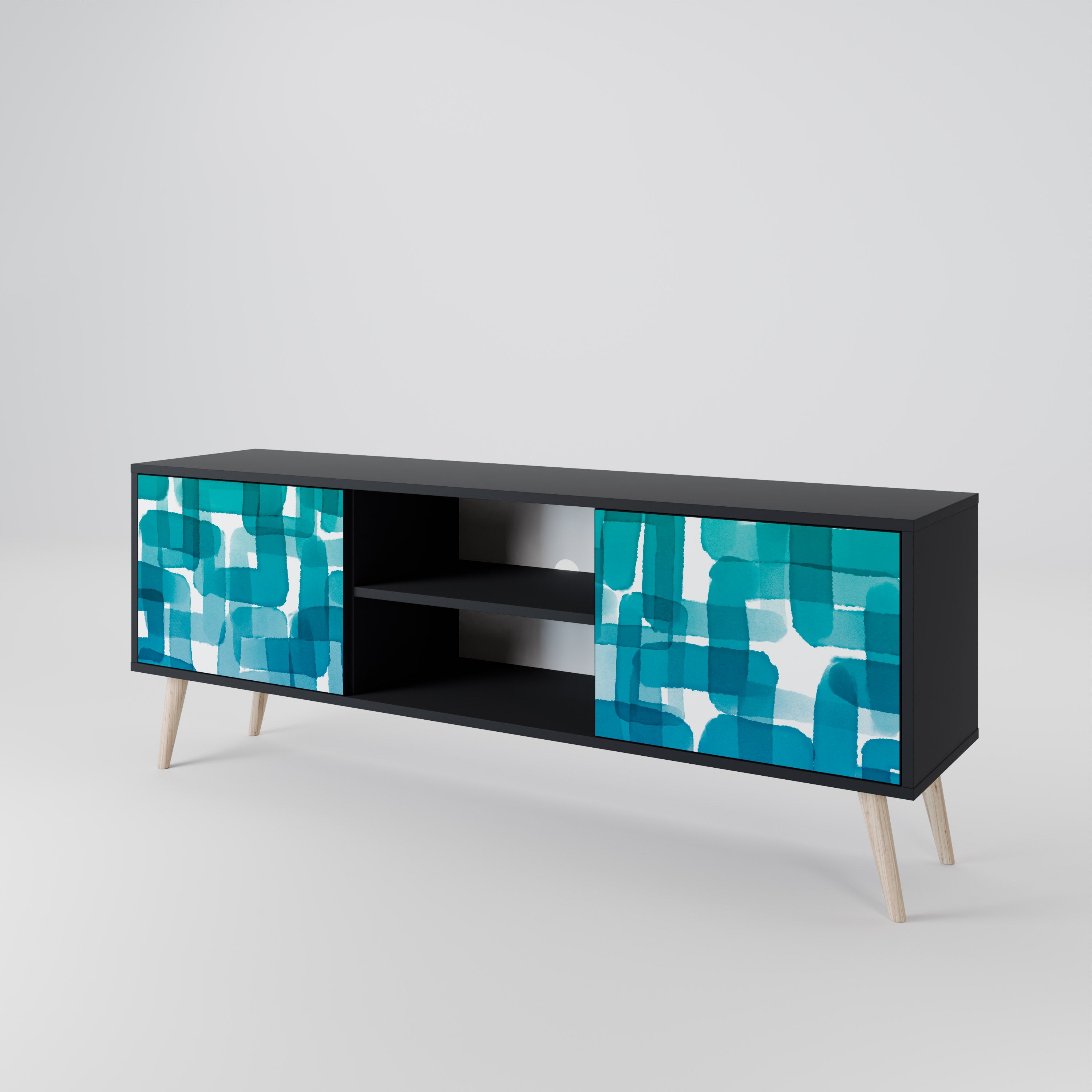 Mueble de TV de 2 puertas con rectángulos turquesas en acabado negro