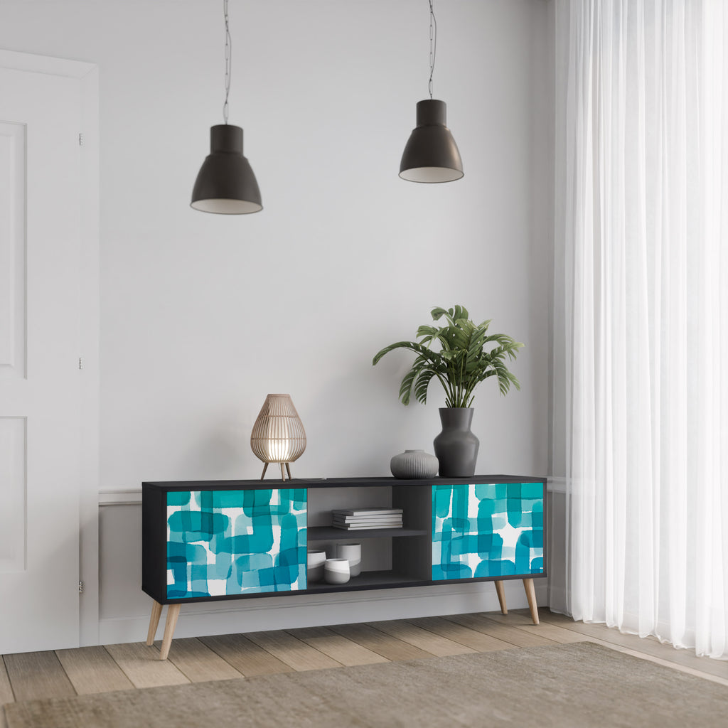 Mueble de TV de 2 puertas con rectángulos turquesas en acabado negro