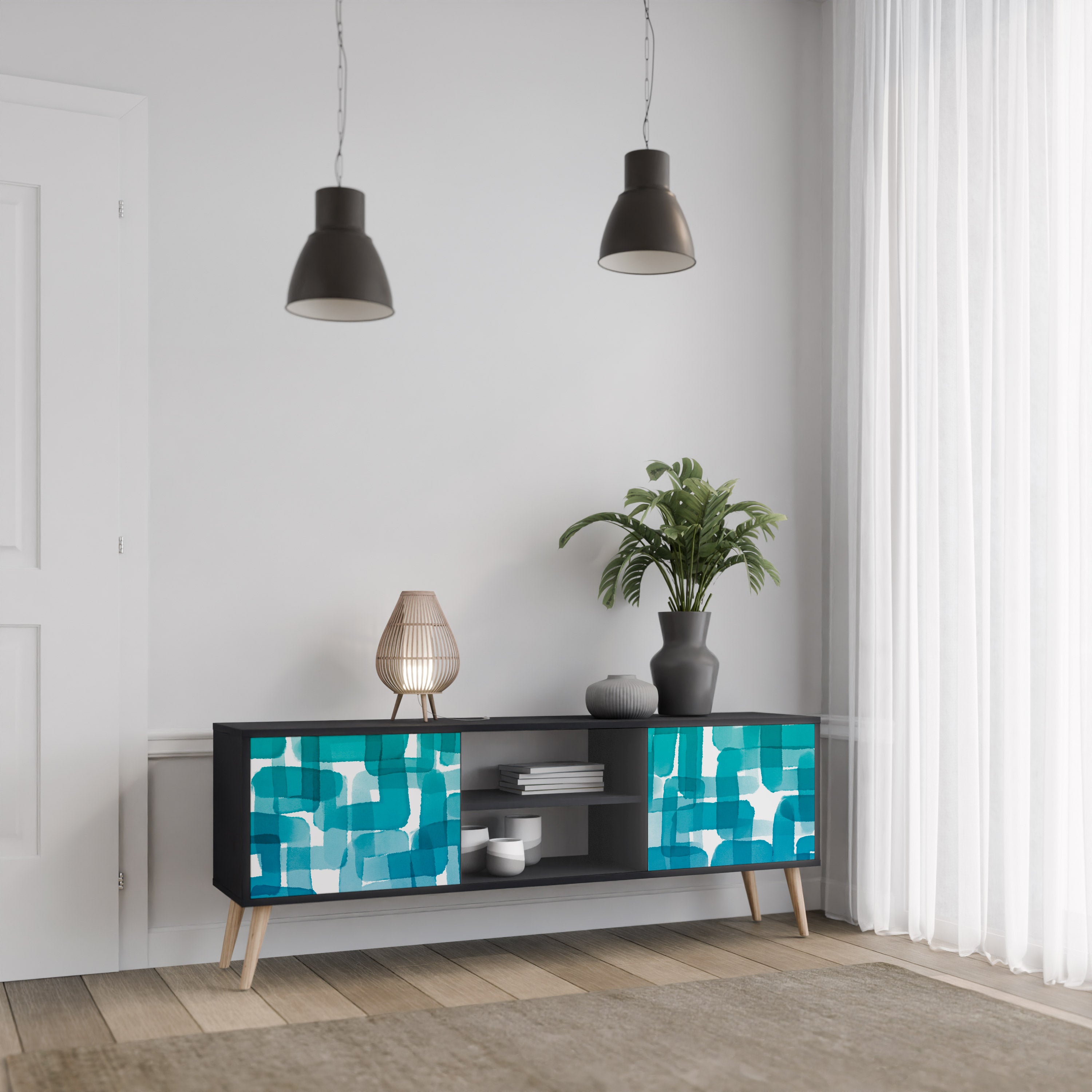 Mueble de TV de 2 puertas con rectángulos turquesas en acabado negro