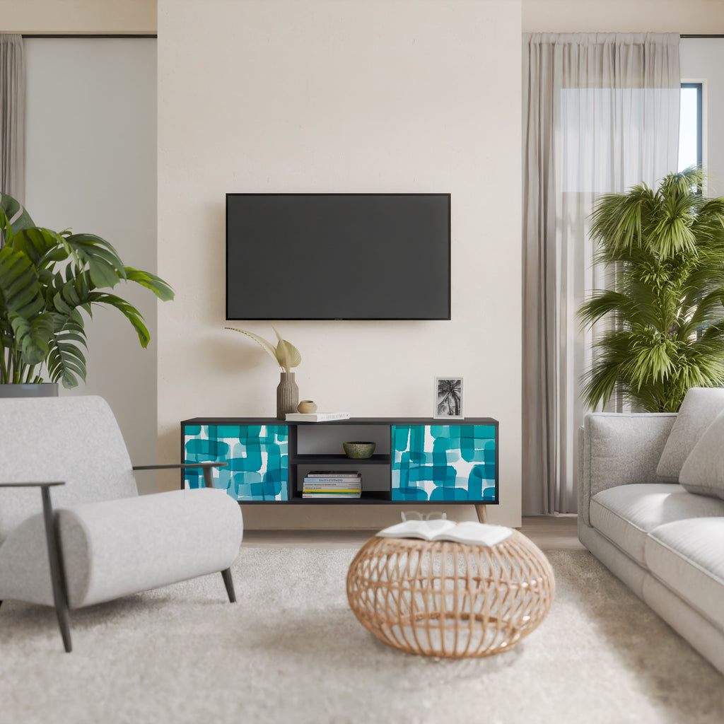 Mueble de TV de 2 puertas con rectángulos turquesas en acabado negro