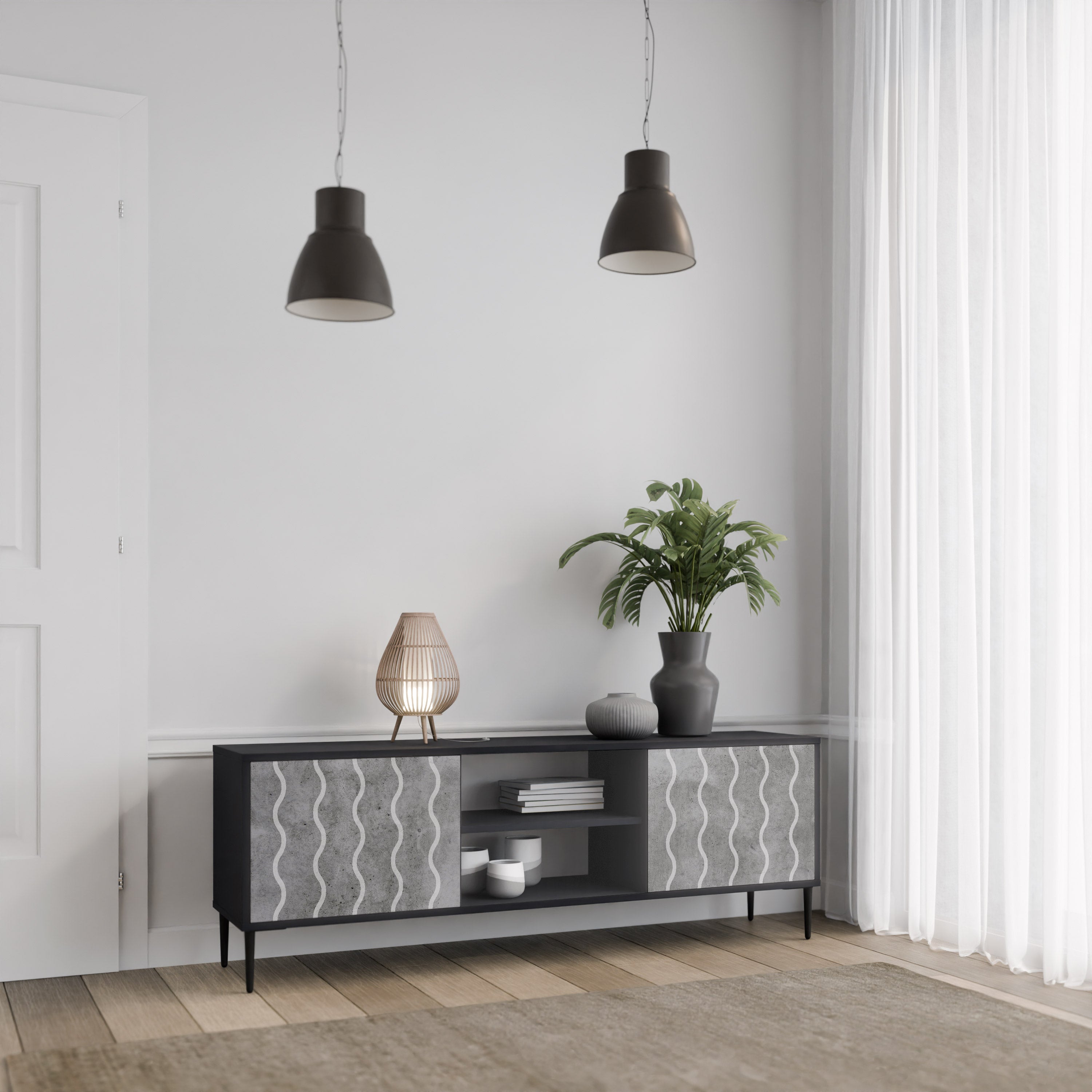 Mueble de TV de 2 puertas WAVES OF CONCRETE con acabado negro