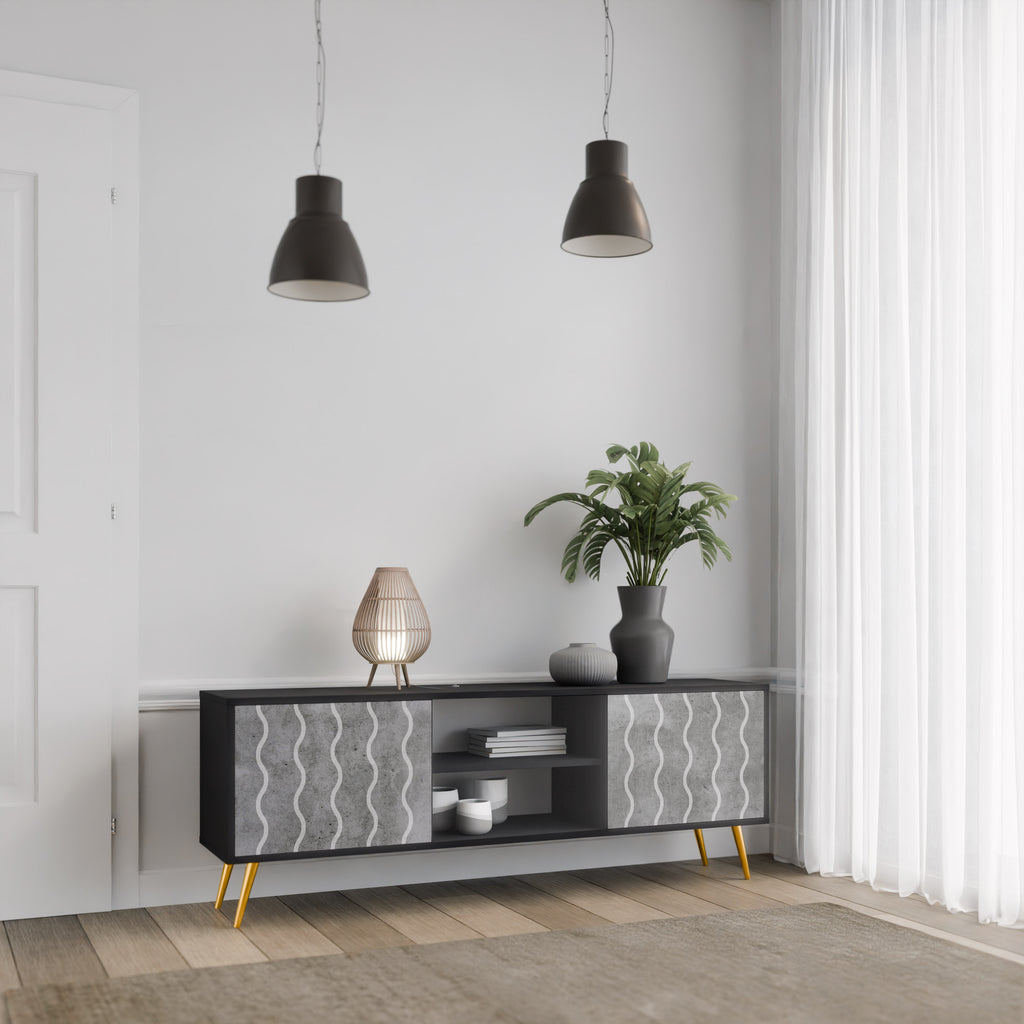 Mueble de TV de 2 puertas WAVES OF CONCRETE con acabado negro