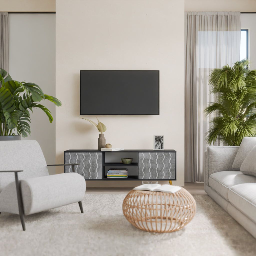 Mueble de TV de 2 puertas WAVES OF CONCRETE con acabado negro