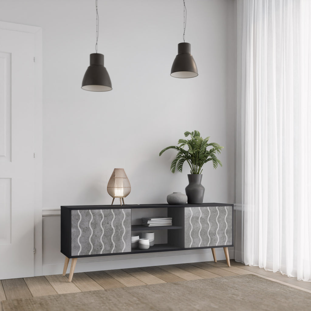 Mueble de TV de 2 puertas WAVES OF CONCRETE con acabado negro