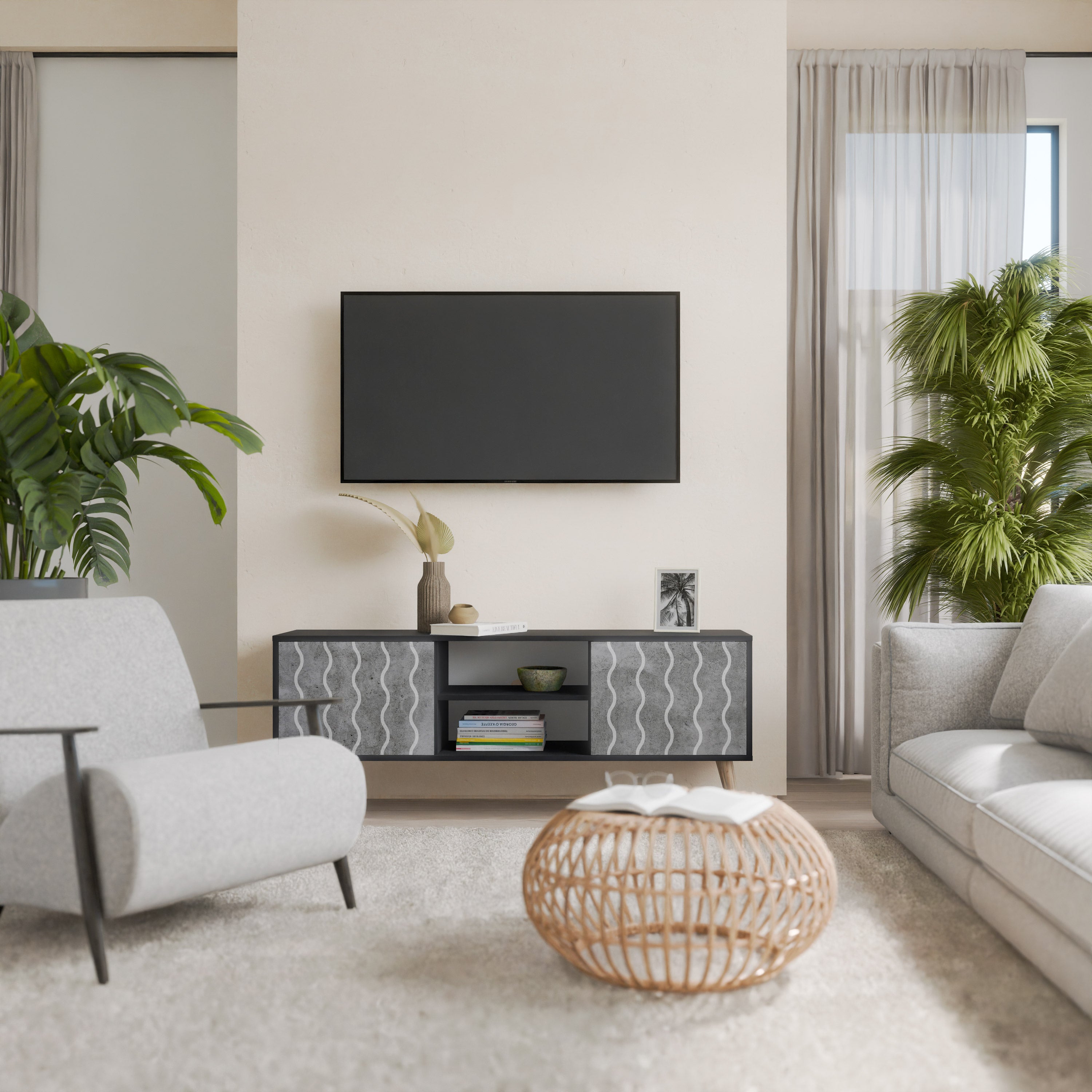 Mueble de TV de 2 puertas WAVES OF CONCRETE con acabado negro