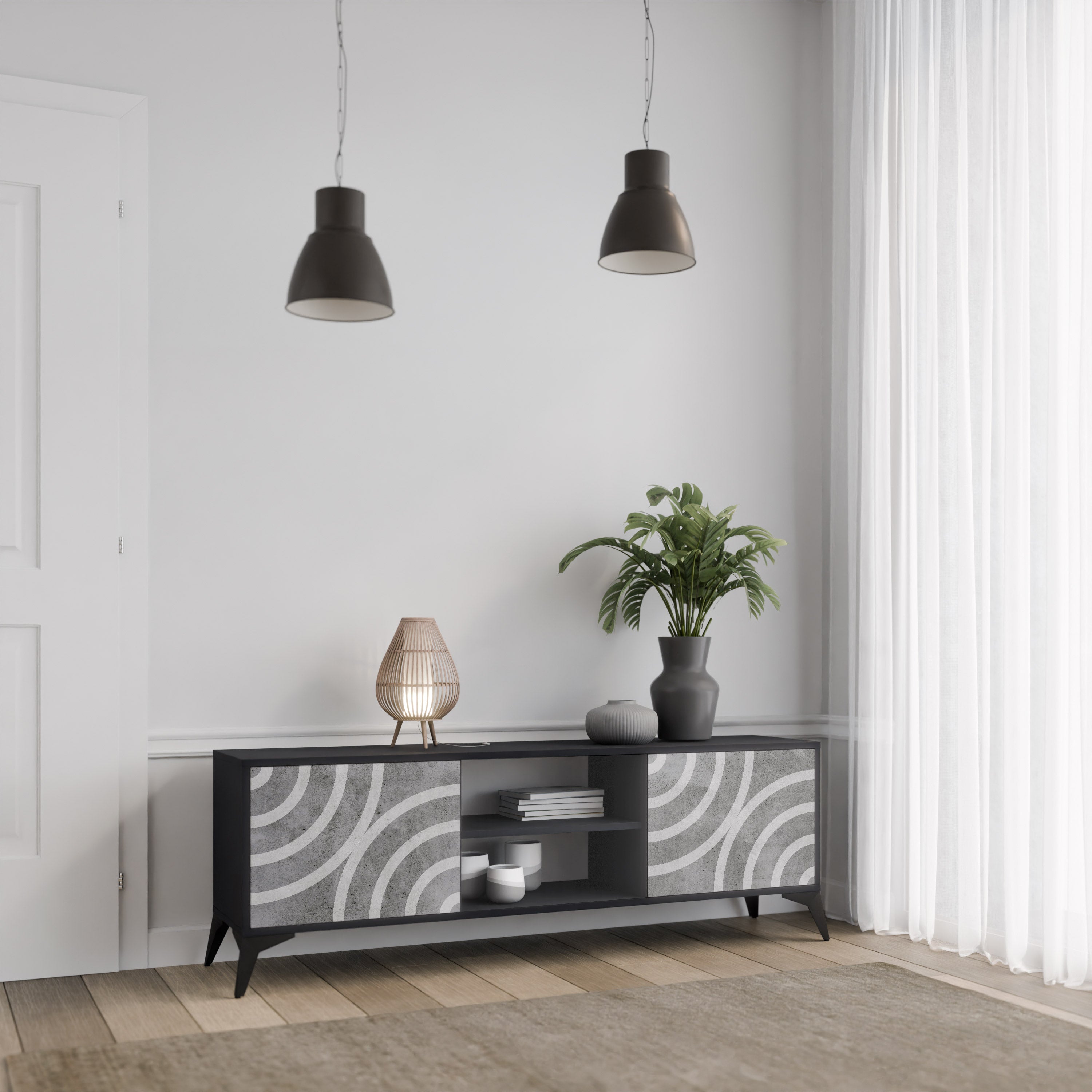 Mueble de TV de 2 puertas CIRCLE CONCRETE con acabado negro
