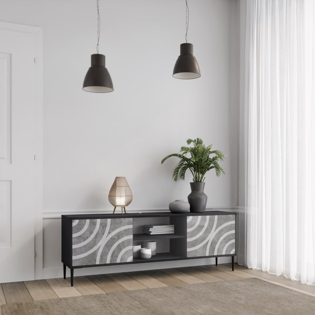 Mueble de TV de 2 puertas CIRCLE CONCRETE con acabado negro