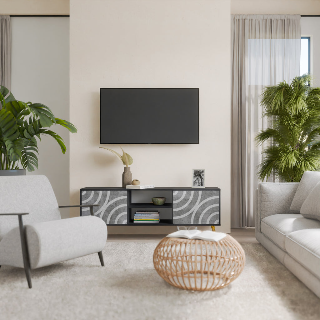 Mueble de TV de 2 puertas CIRCLE CONCRETE con acabado negro