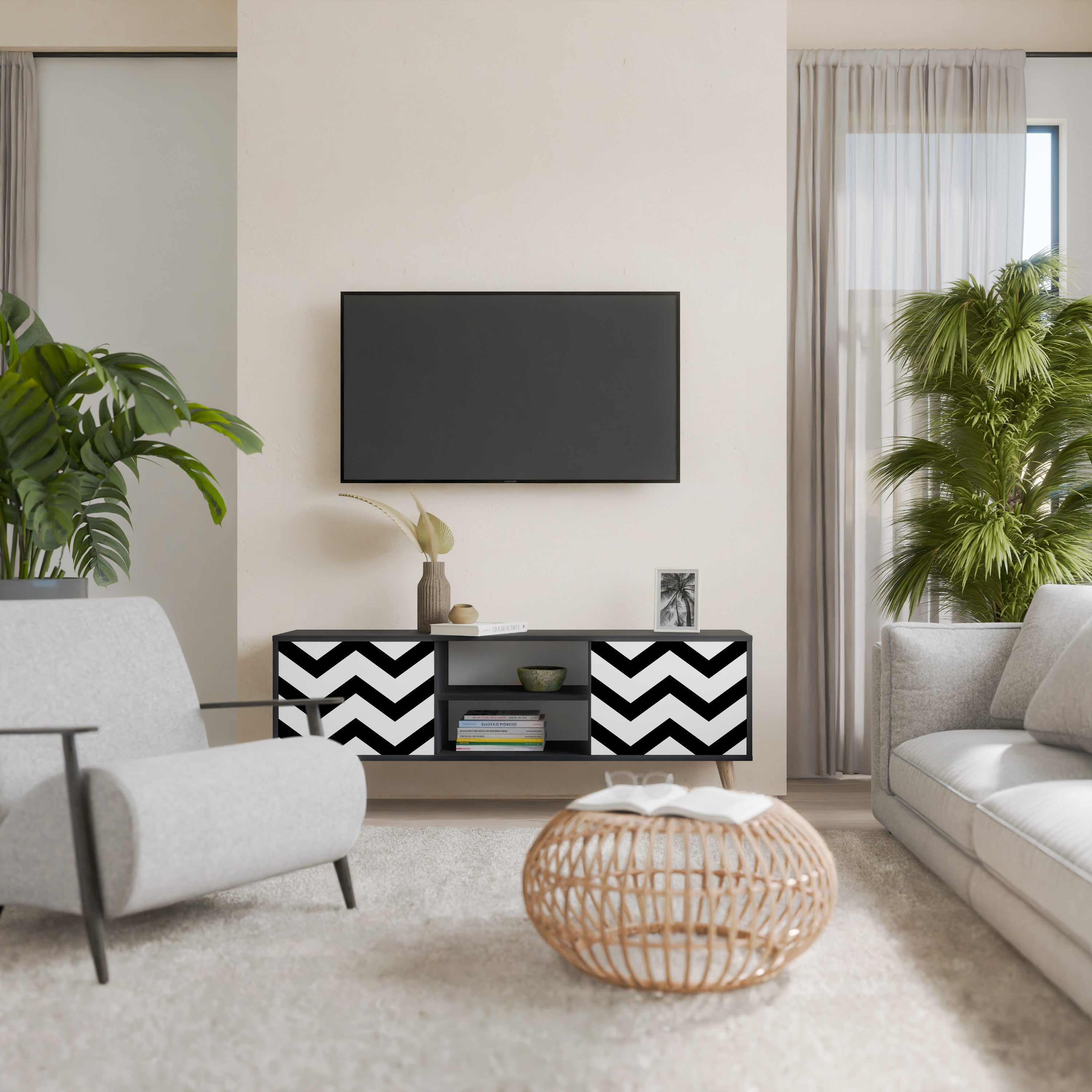 Mueble de TV CLASSIC ZIG ZAG de 2 puertas con acabado negro