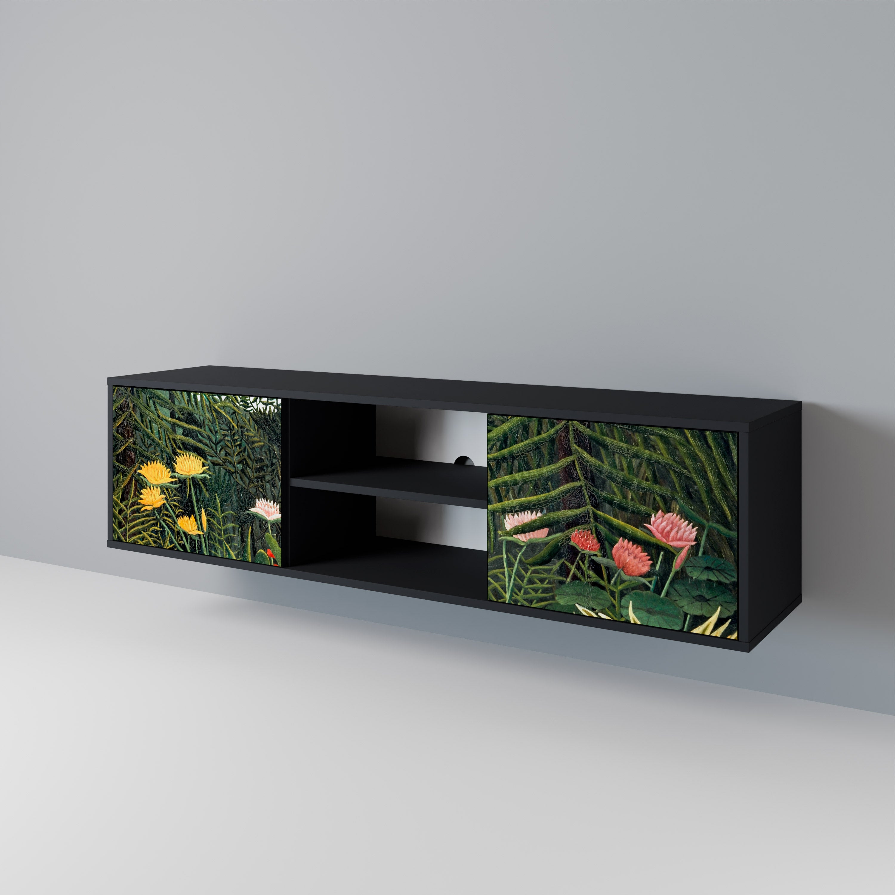 Mueble de TV de 2 puertas VIRGIN FOREST WITH SUNSET en acabado negro