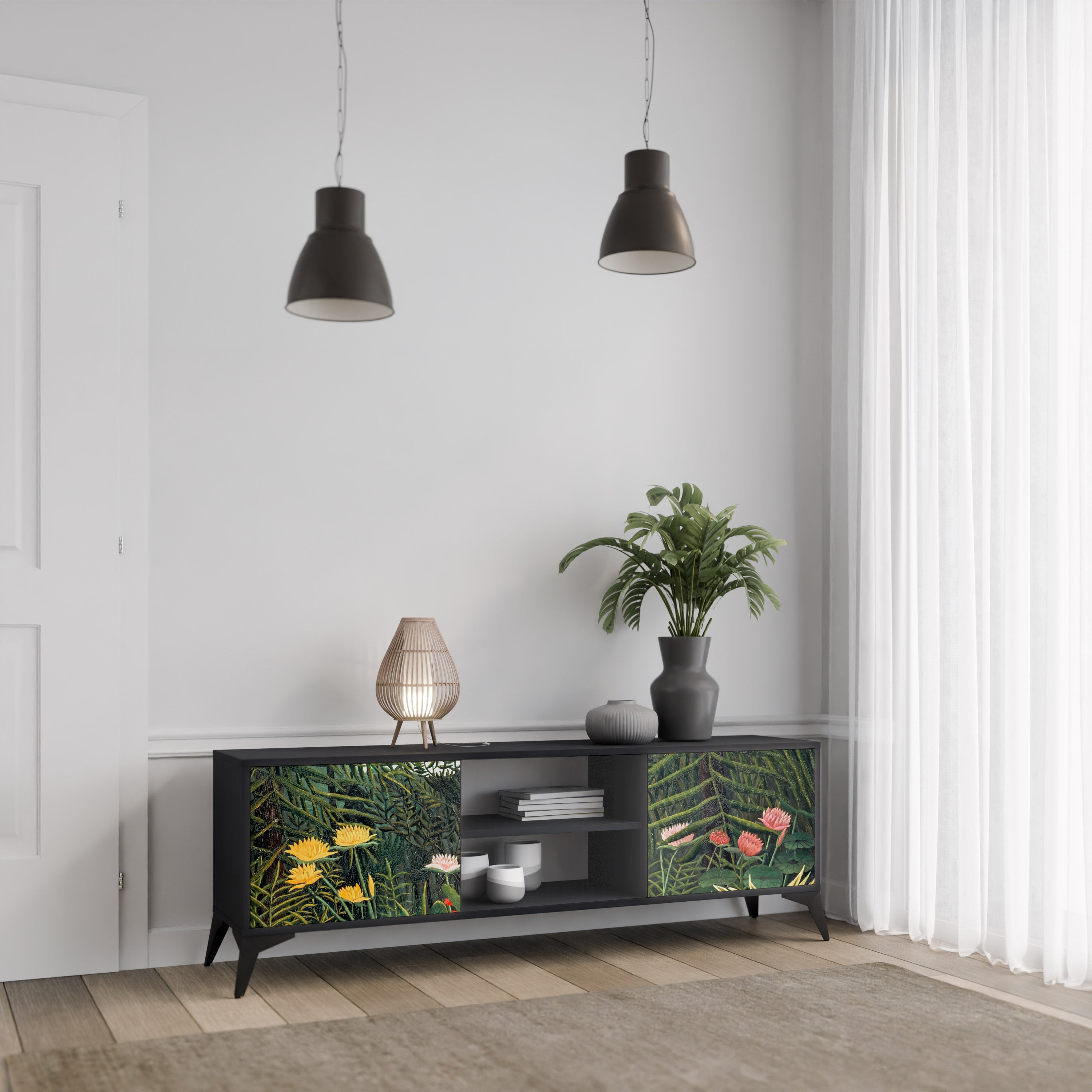Mueble de TV de 2 puertas VIRGIN FOREST WITH SUNSET en acabado negro