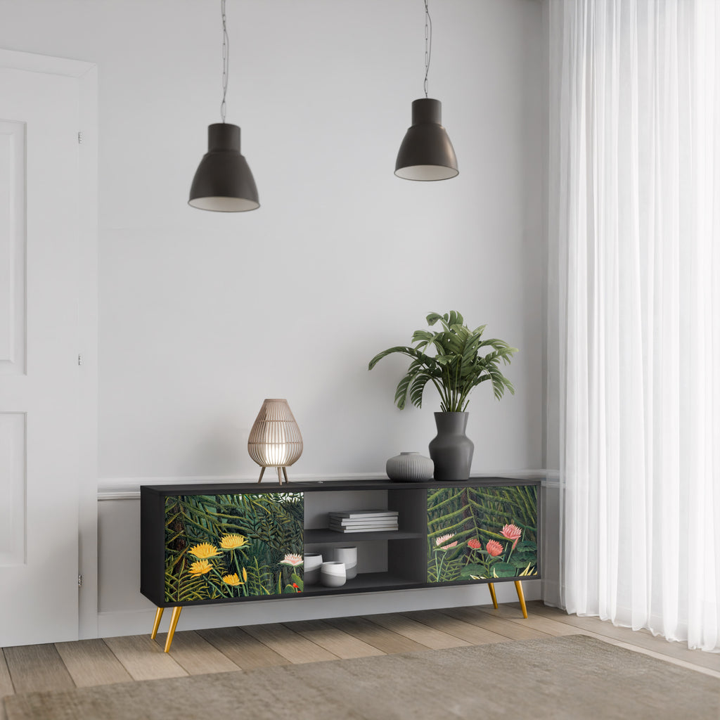 Mueble de TV de 2 puertas VIRGIN FOREST WITH SUNSET en acabado negro