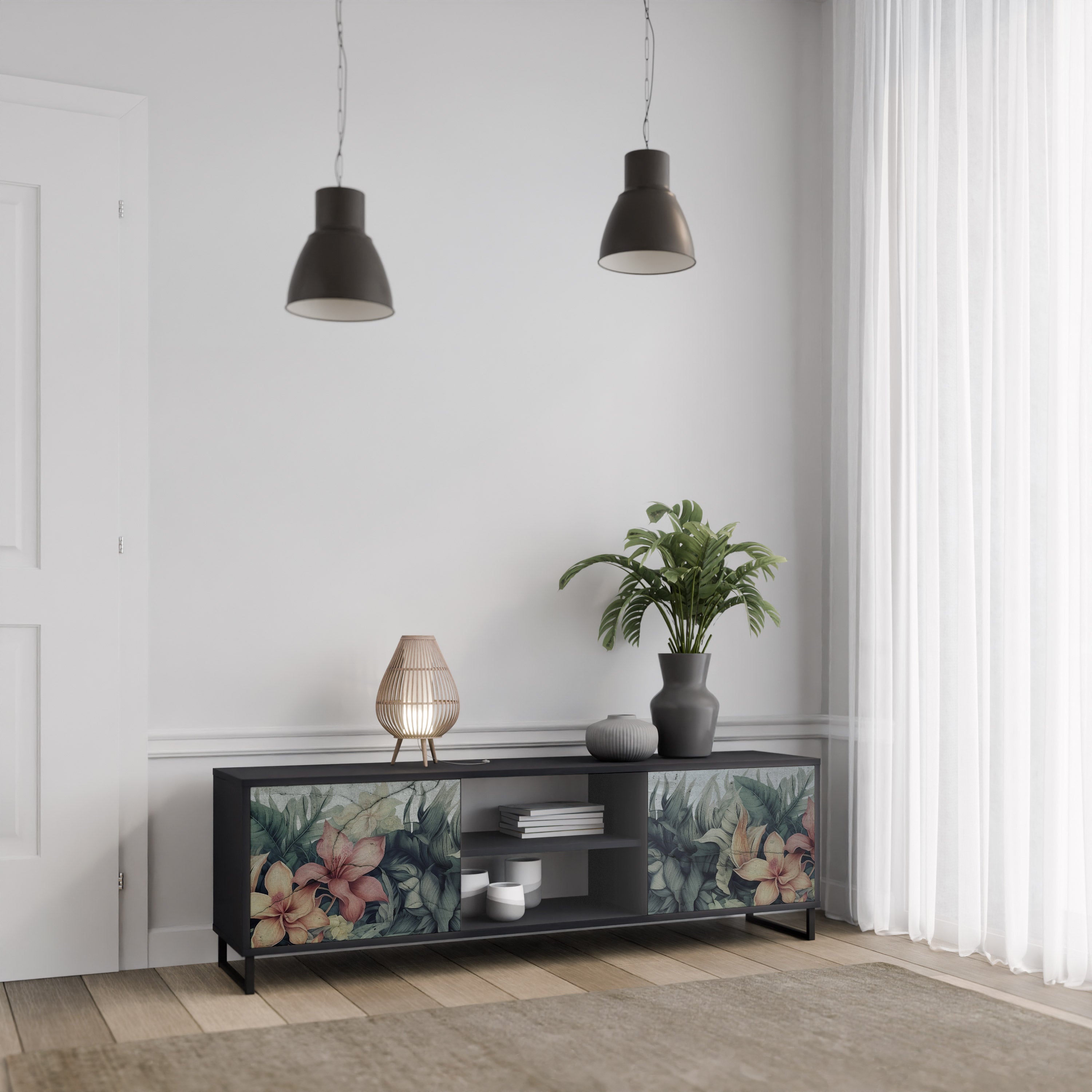 Mueble de TV de 2 puertas HEAVENLY BLOOM en acabado negro