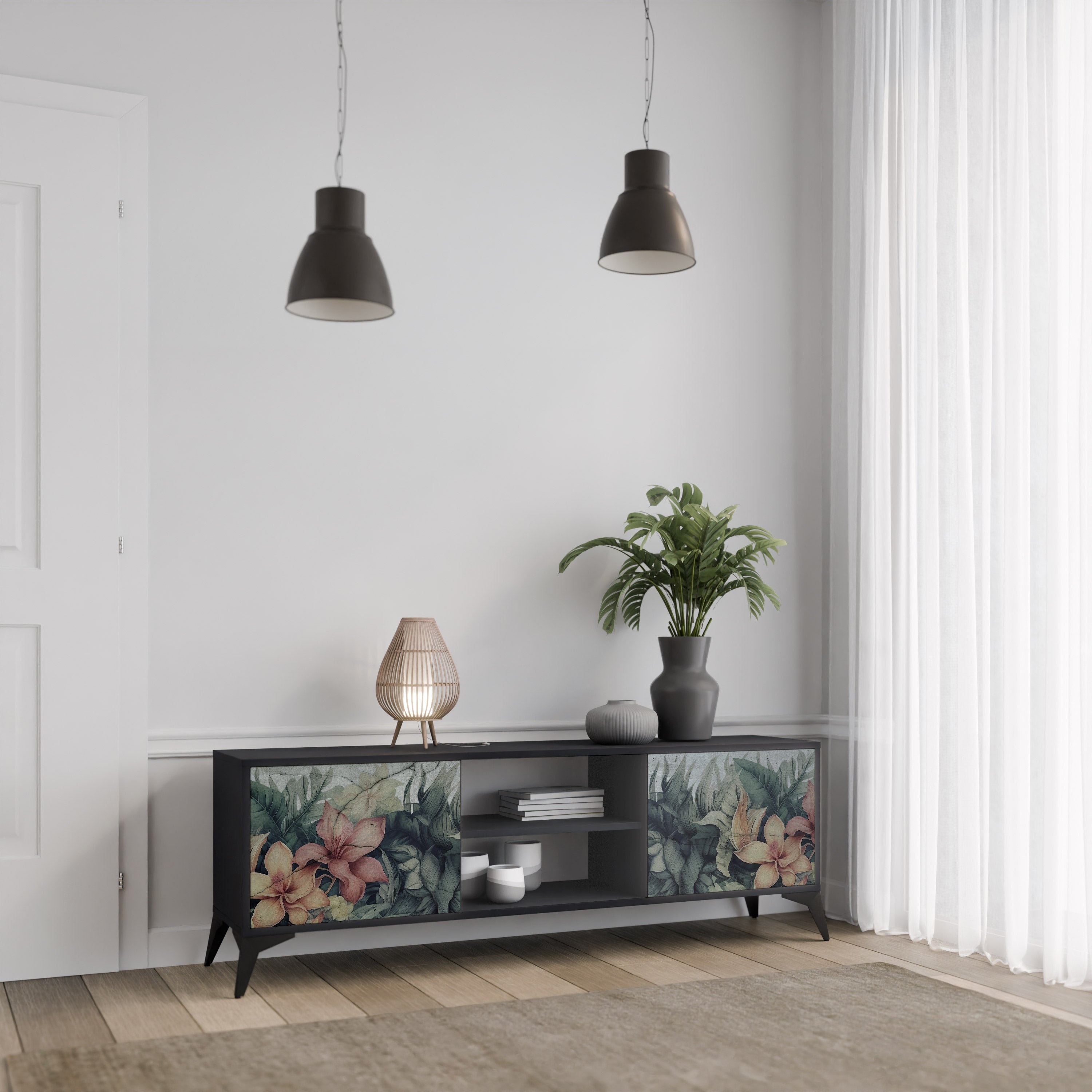 Mueble de TV de 2 puertas HEAVENLY BLOOM en acabado negro
