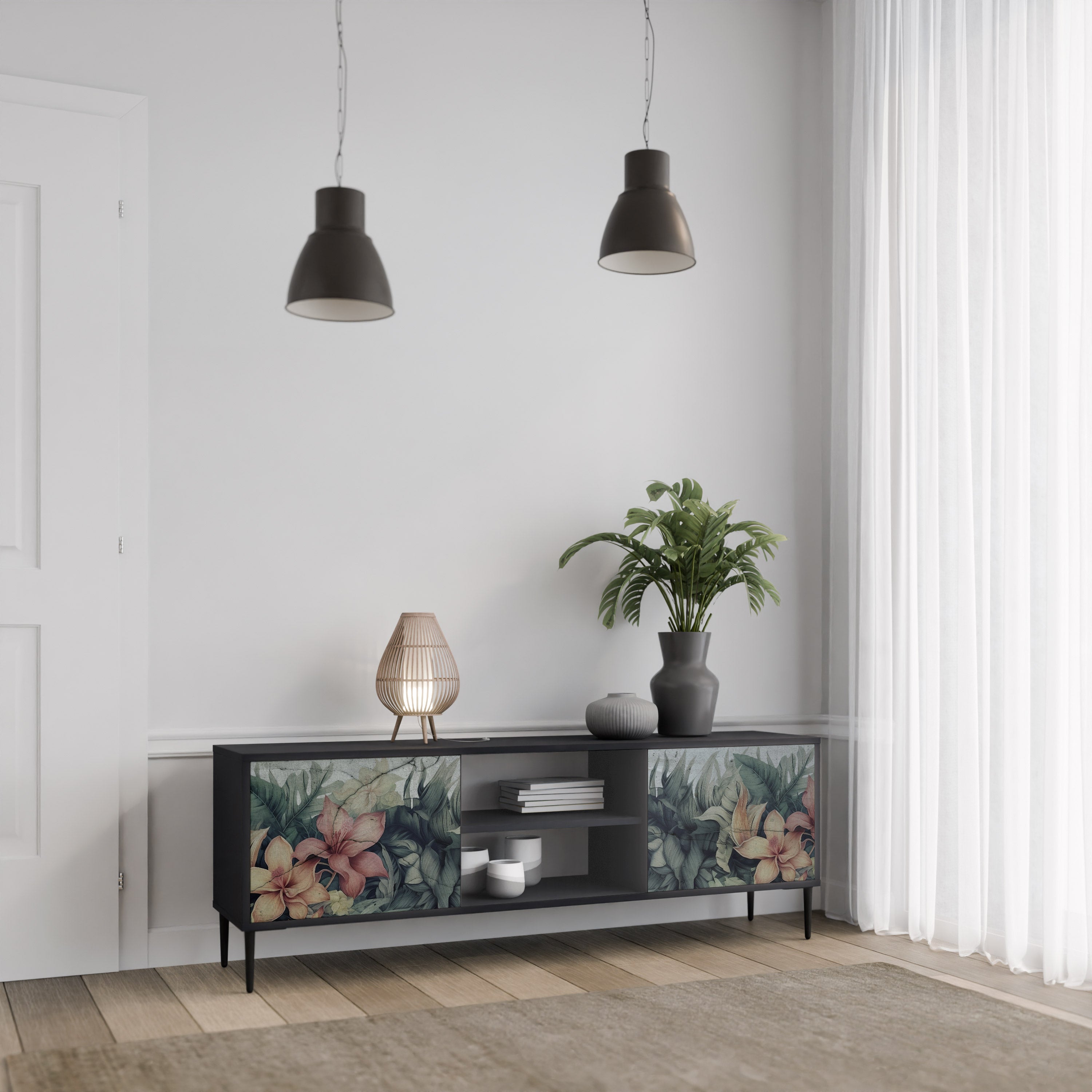 Mueble de TV de 2 puertas HEAVENLY BLOOM en acabado negro