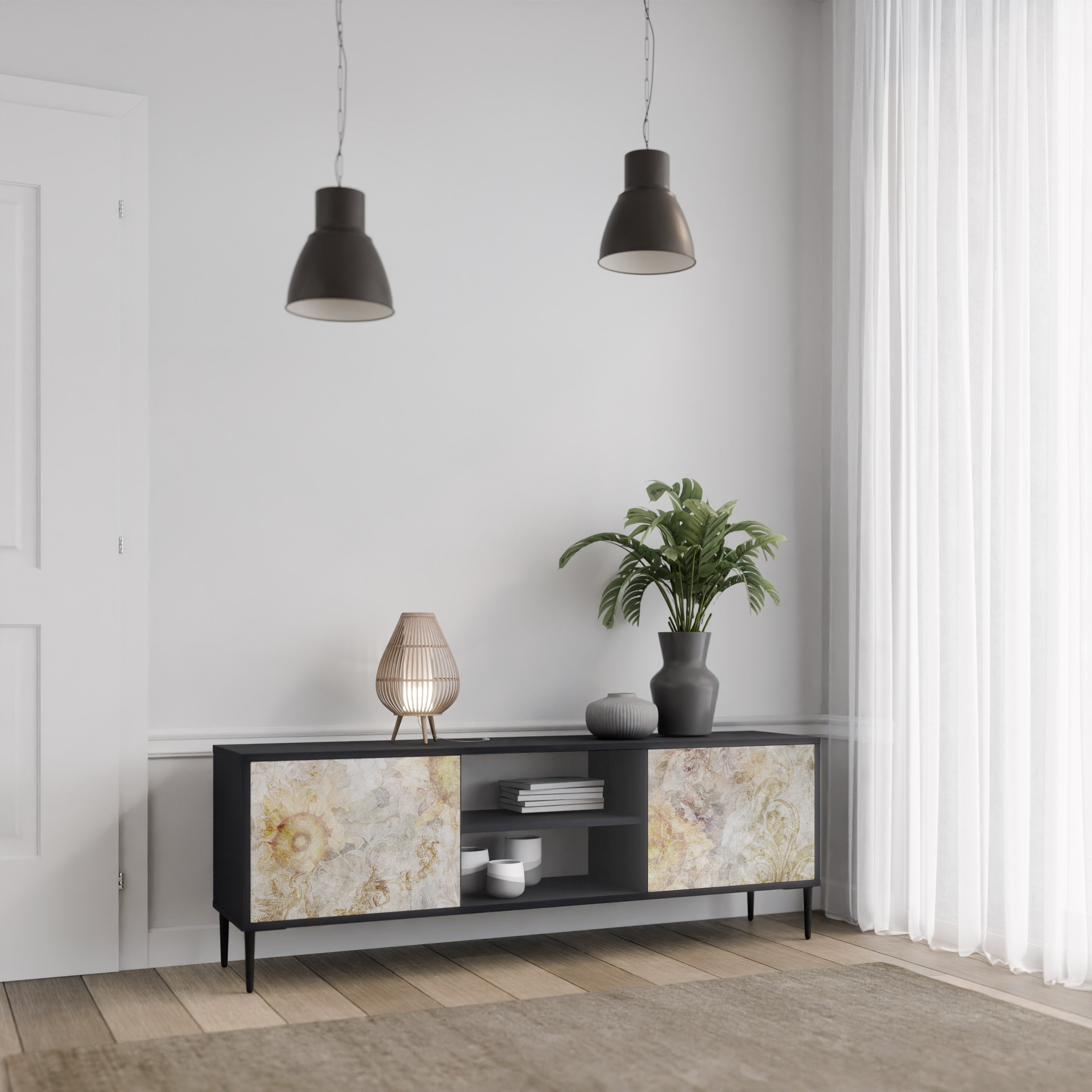 Mueble de TV de 2 puertas SUNFLOWER BLUR con acabado negro