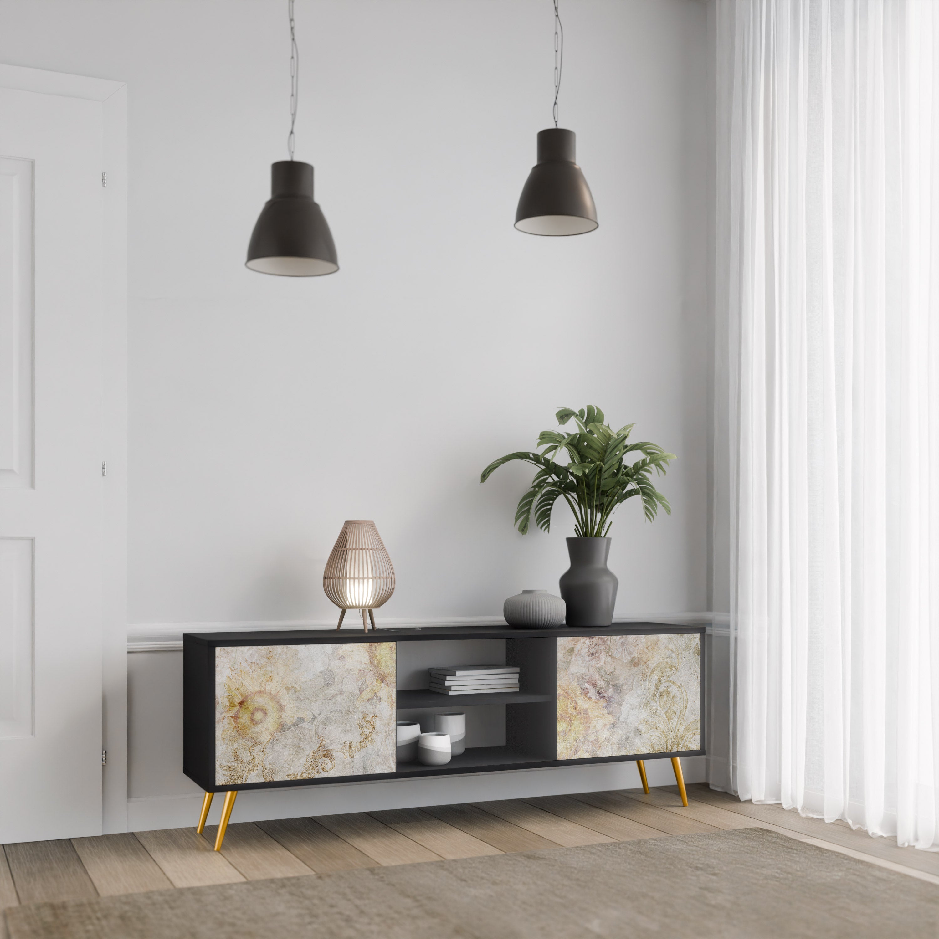 Mueble de TV de 2 puertas SUNFLOWER BLUR con acabado negro