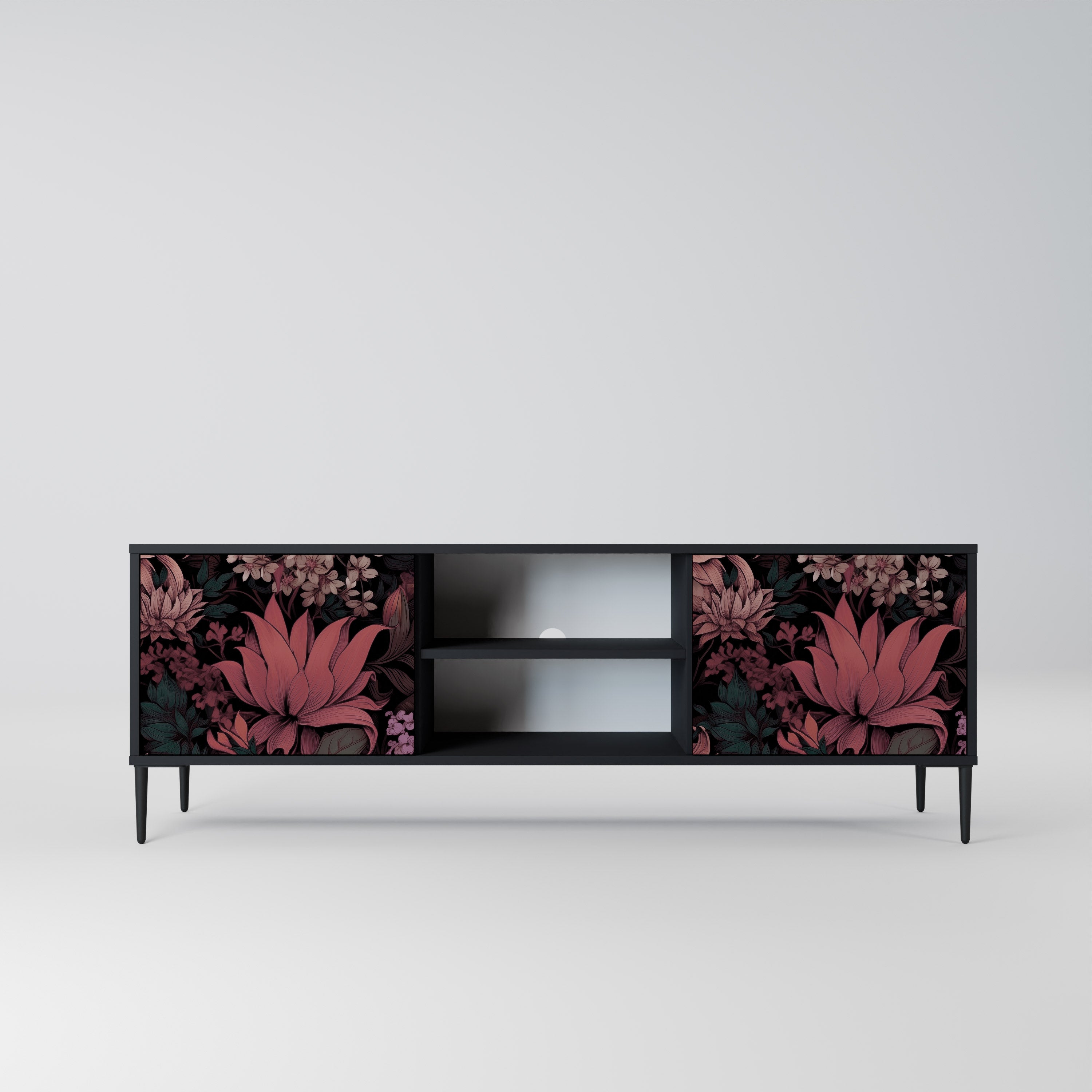 Mueble de TV de 2 puertas FLORAL WHISPER con acabado negro