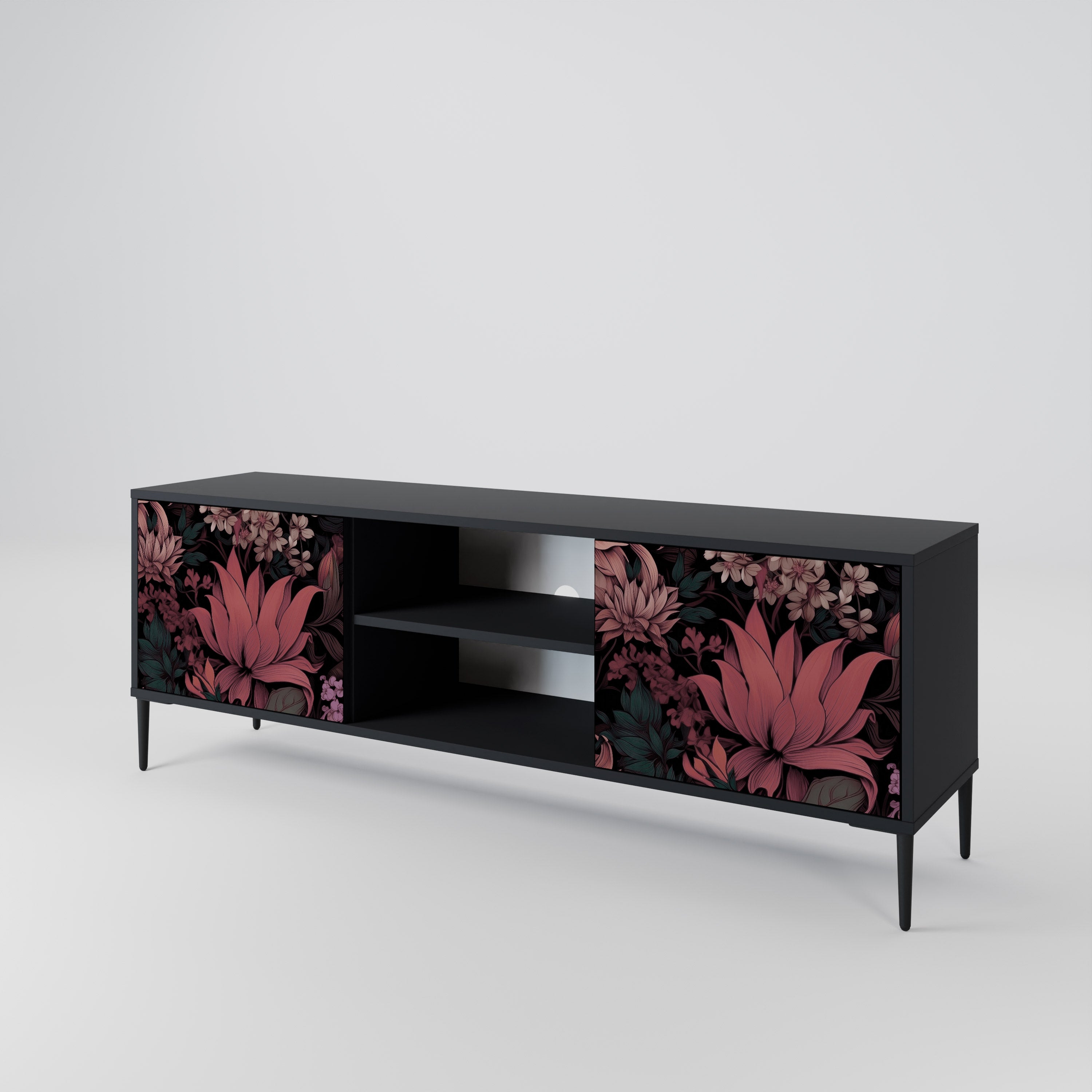 Mueble de TV de 2 puertas FLORAL WHISPER con acabado negro