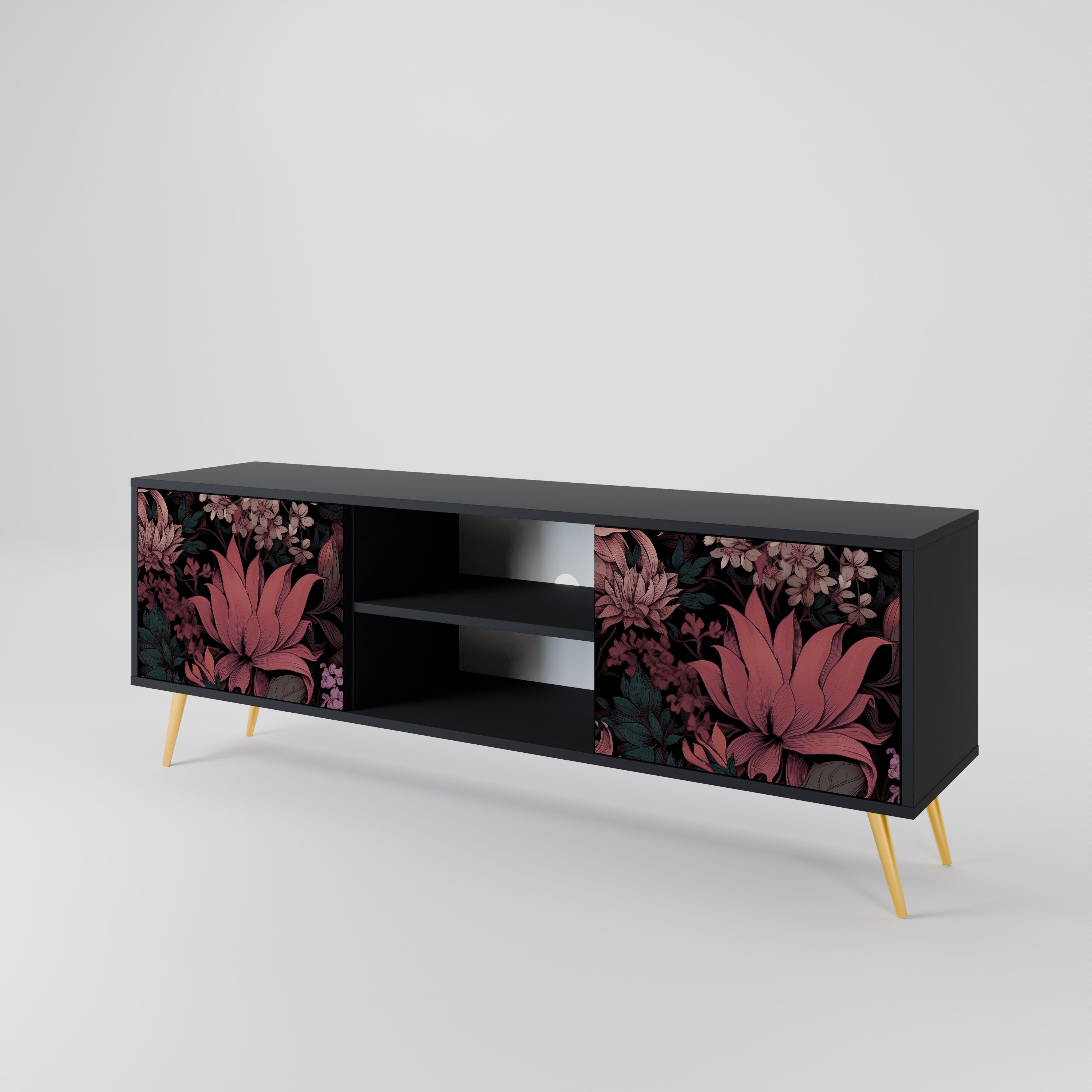 Mueble de TV de 2 puertas FLORAL WHISPER con acabado negro