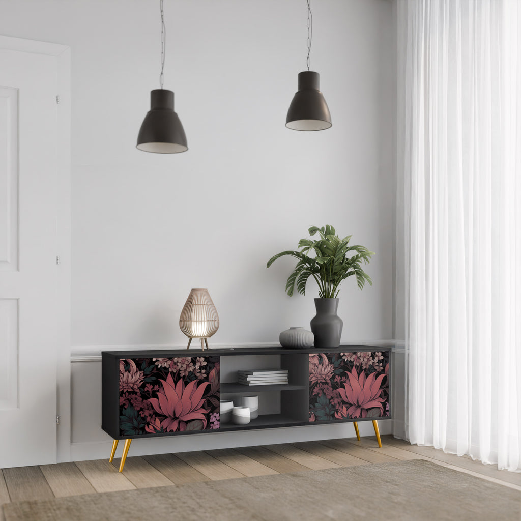 Mueble de TV de 2 puertas FLORAL WHISPER con acabado negro