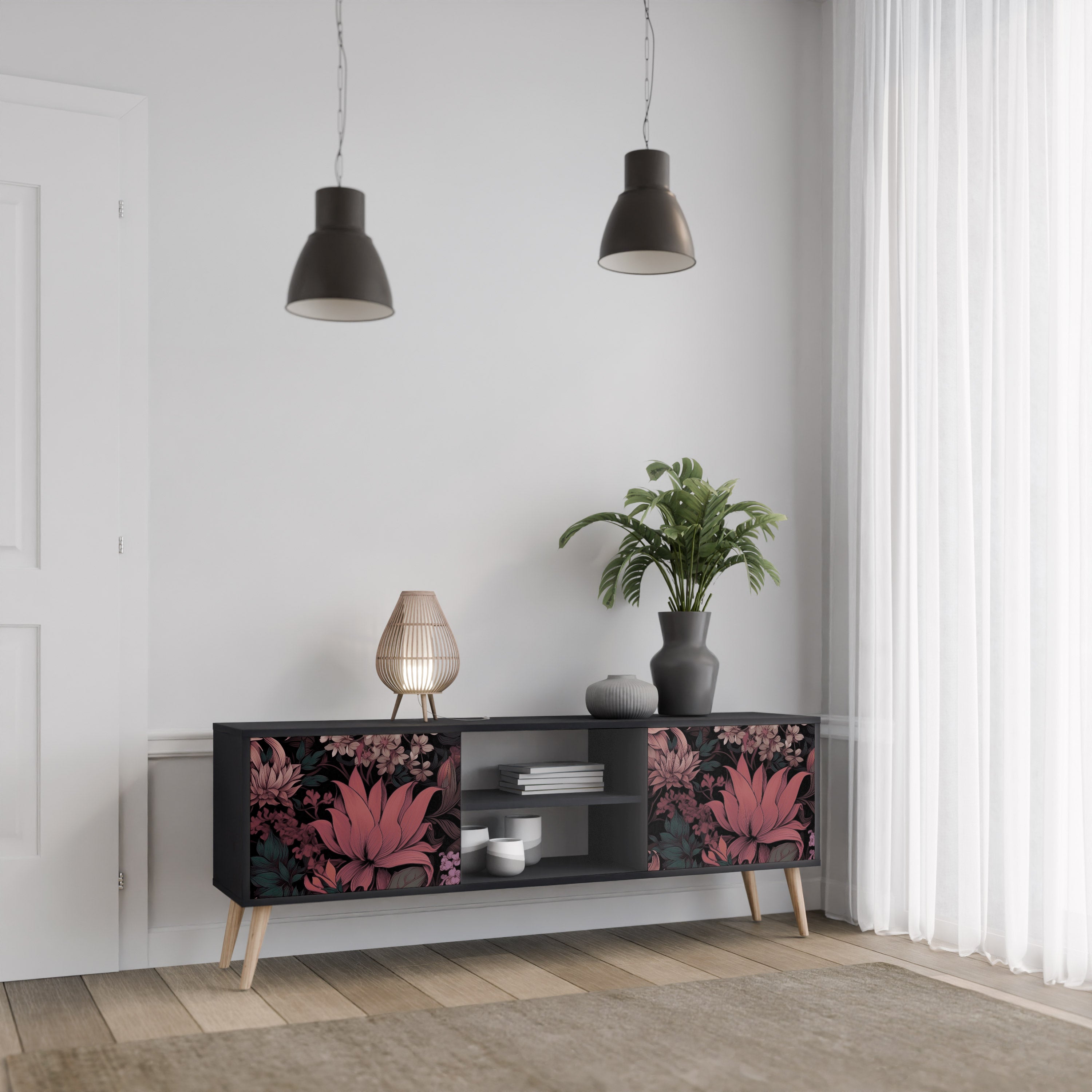 Mueble de TV de 2 puertas FLORAL WHISPER con acabado negro