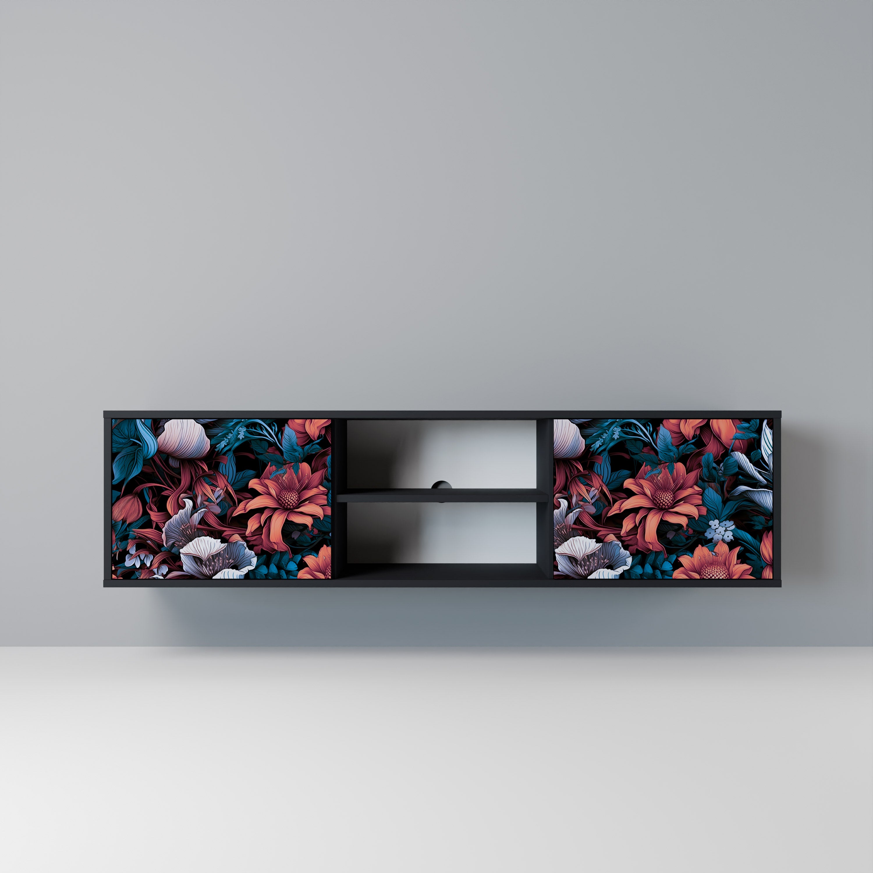 Mueble de TV de dos puertas ETHEREAL BLOSSOMS con acabado negro