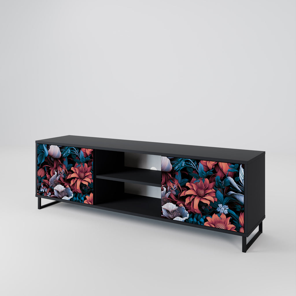 Mueble de TV de dos puertas ETHEREAL BLOSSOMS con acabado negro