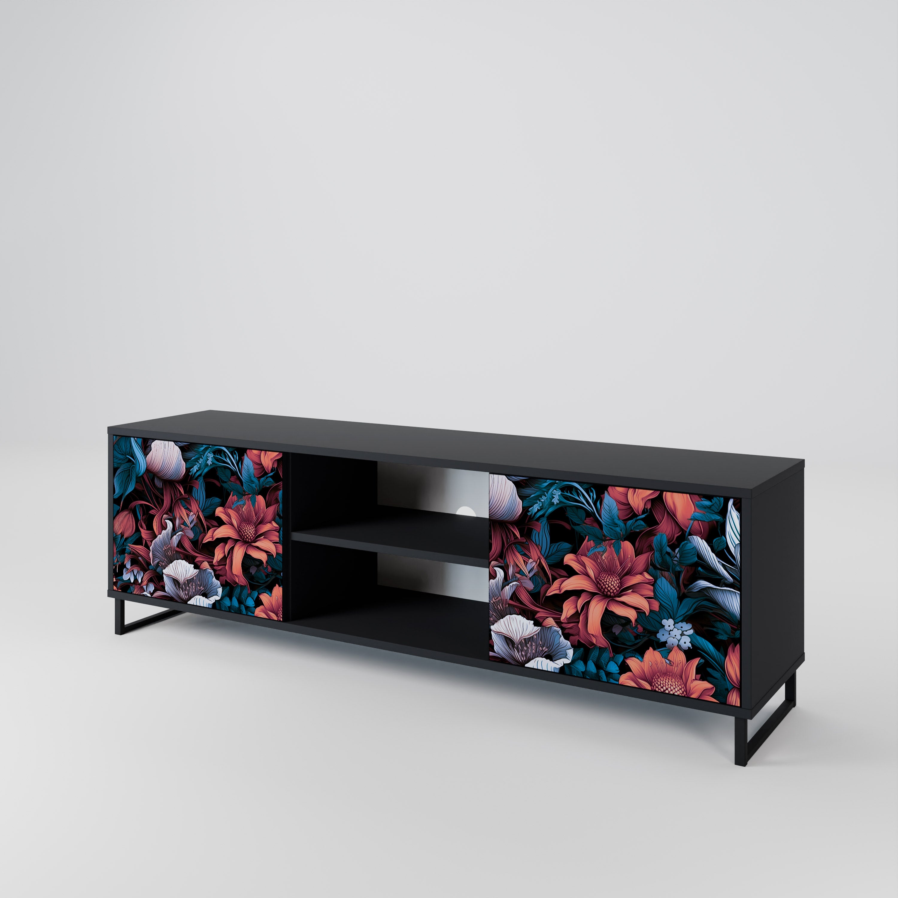 Mueble de TV de dos puertas ETHEREAL BLOSSOMS con acabado negro