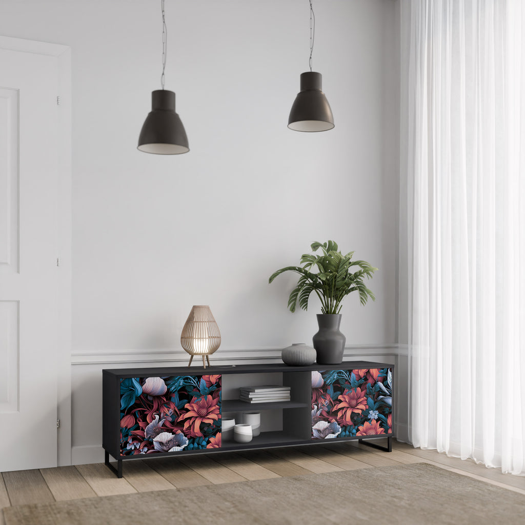 Mueble de TV de dos puertas ETHEREAL BLOSSOMS con acabado negro