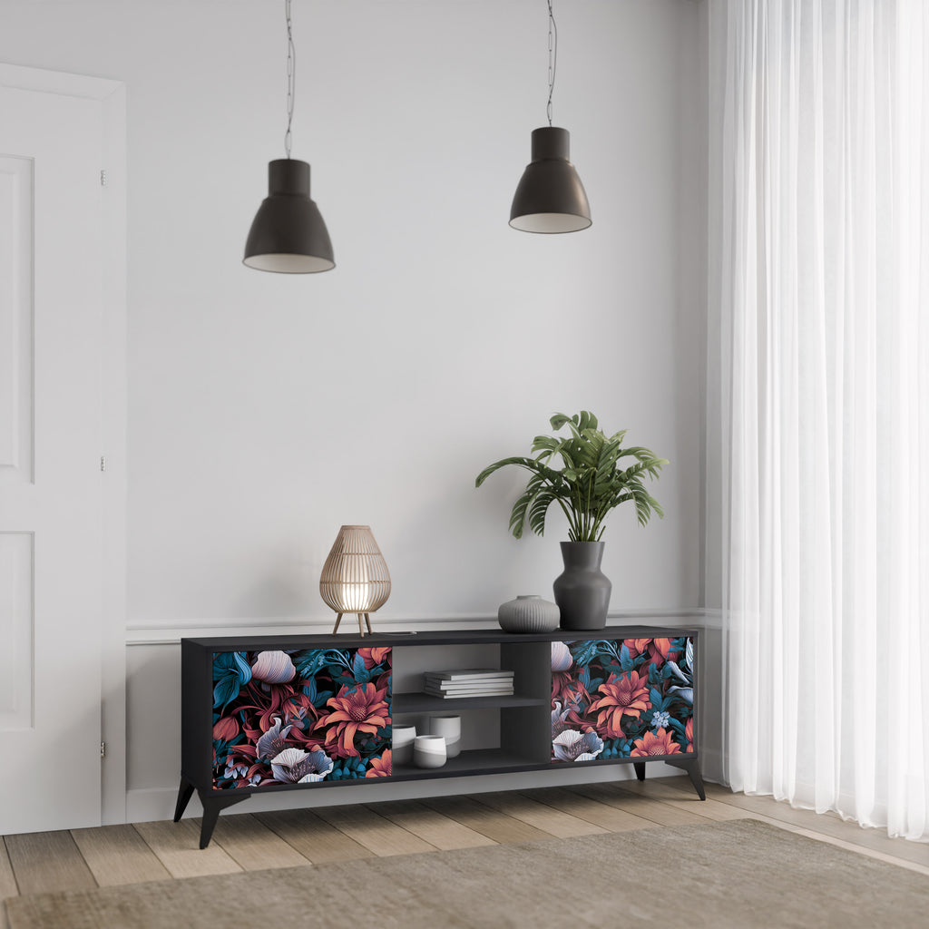 Mueble de TV de dos puertas ETHEREAL BLOSSOMS con acabado negro