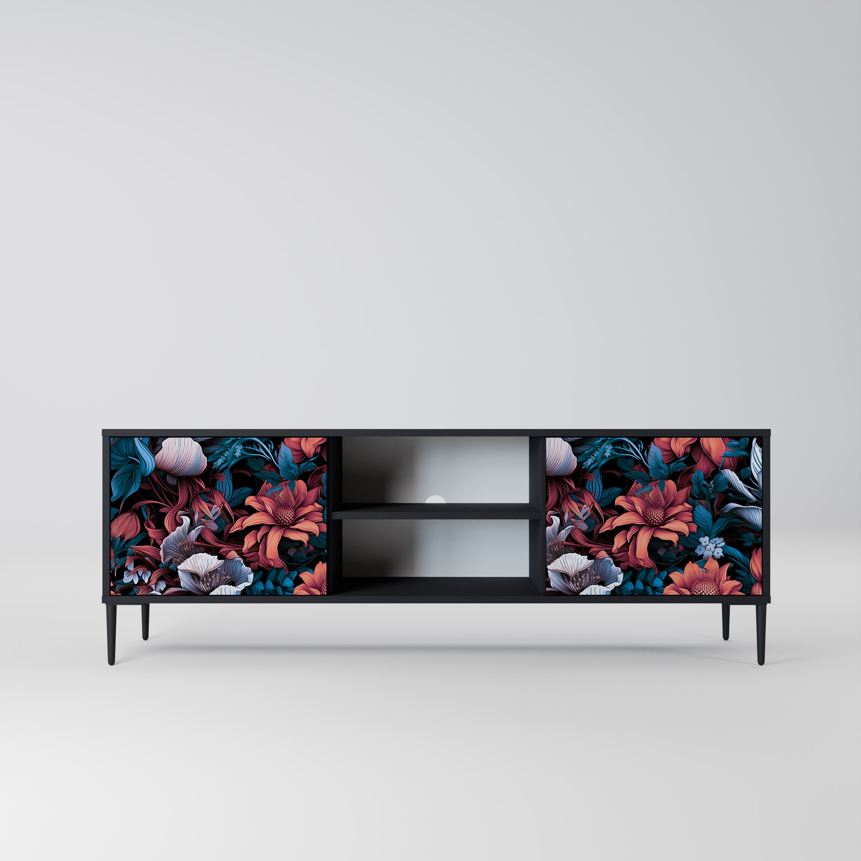 Mueble de TV de dos puertas ETHEREAL BLOSSOMS con acabado negro