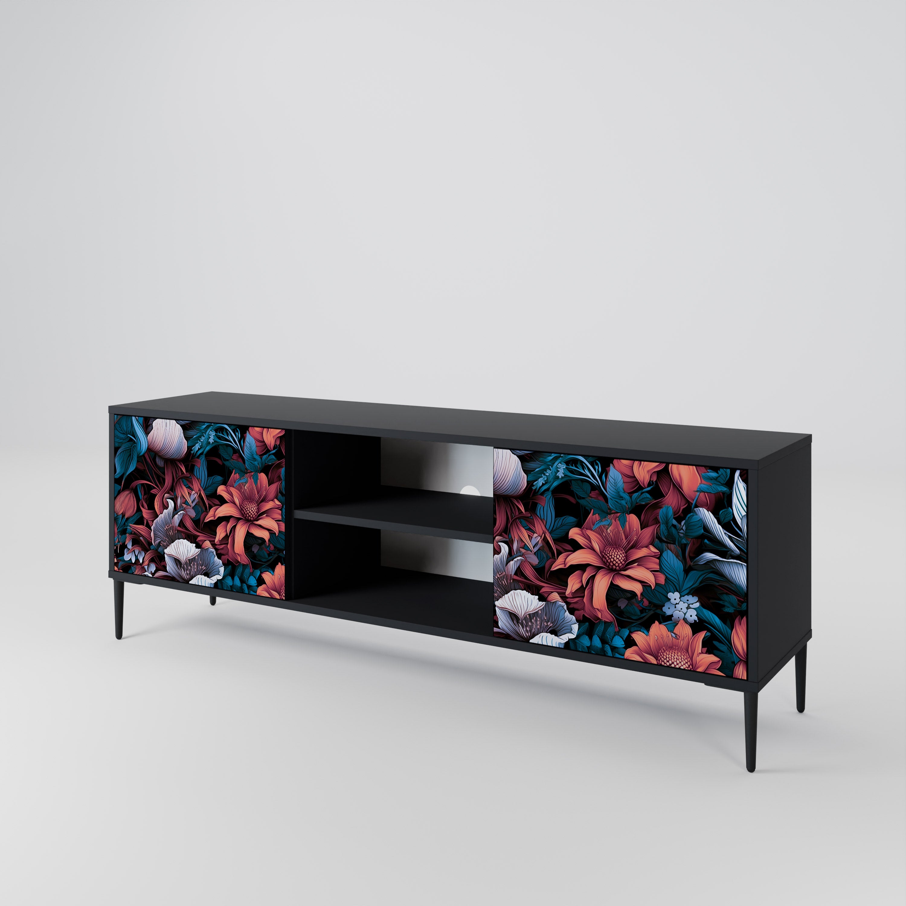 Mueble de TV de dos puertas ETHEREAL BLOSSOMS con acabado negro