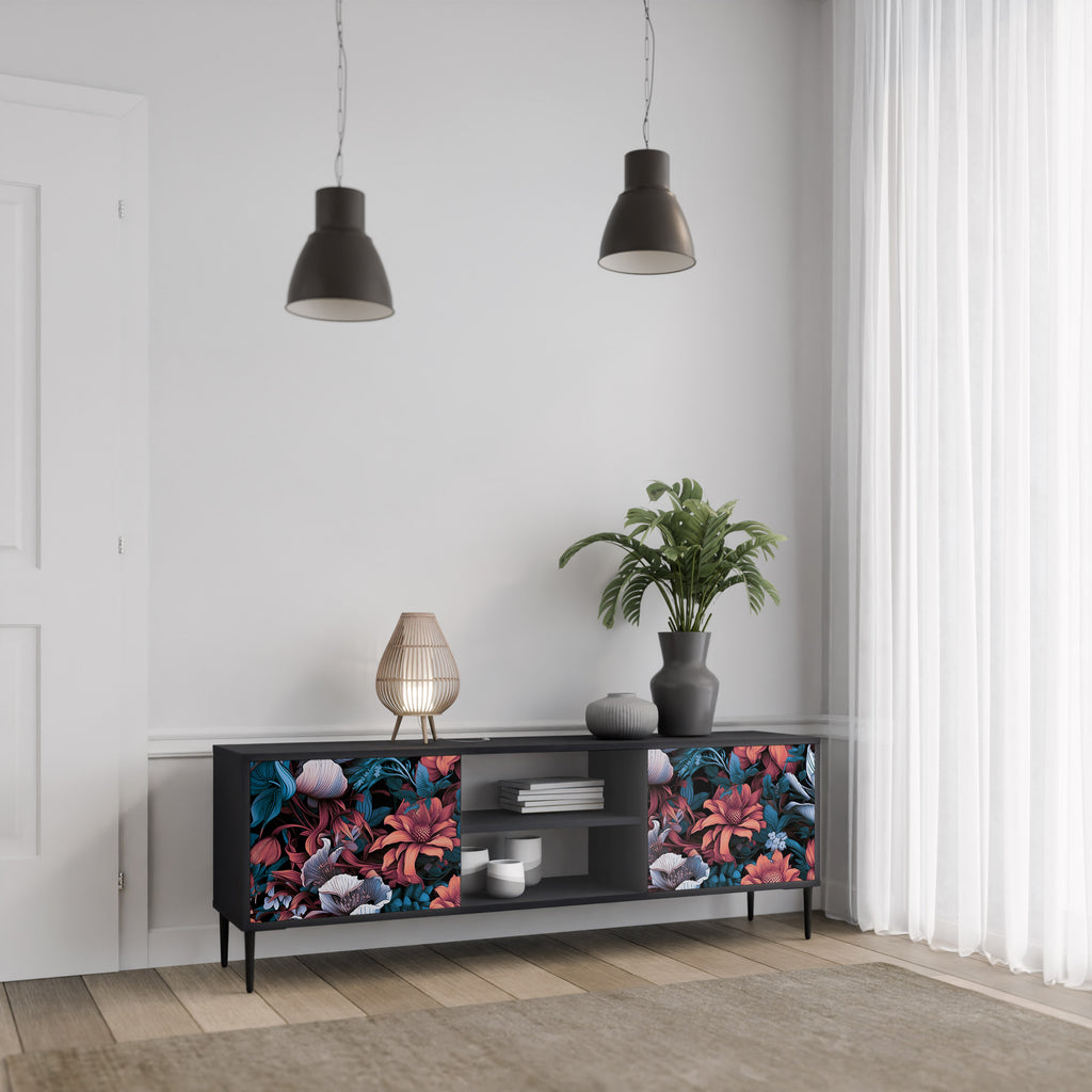 Mueble de TV de dos puertas ETHEREAL BLOSSOMS con acabado negro
