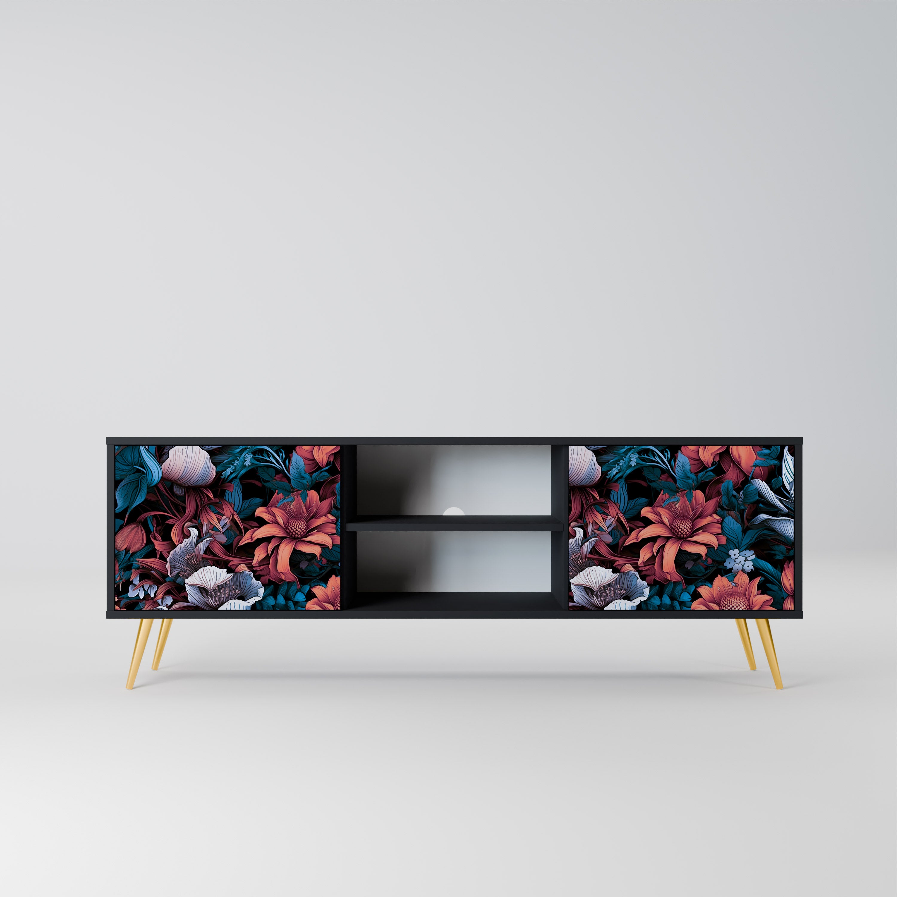 Mueble de TV de dos puertas ETHEREAL BLOSSOMS con acabado negro