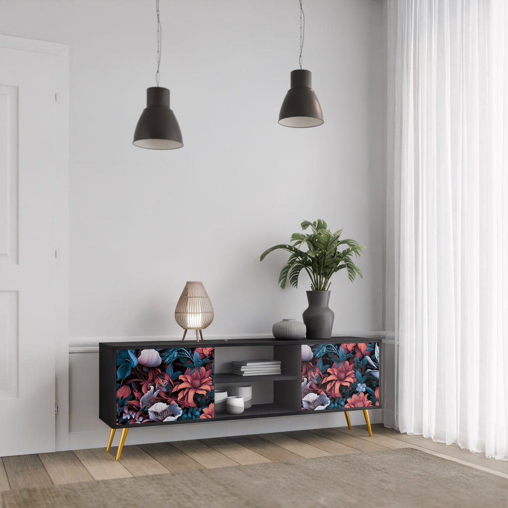 Mueble de TV de dos puertas ETHEREAL BLOSSOMS con acabado negro