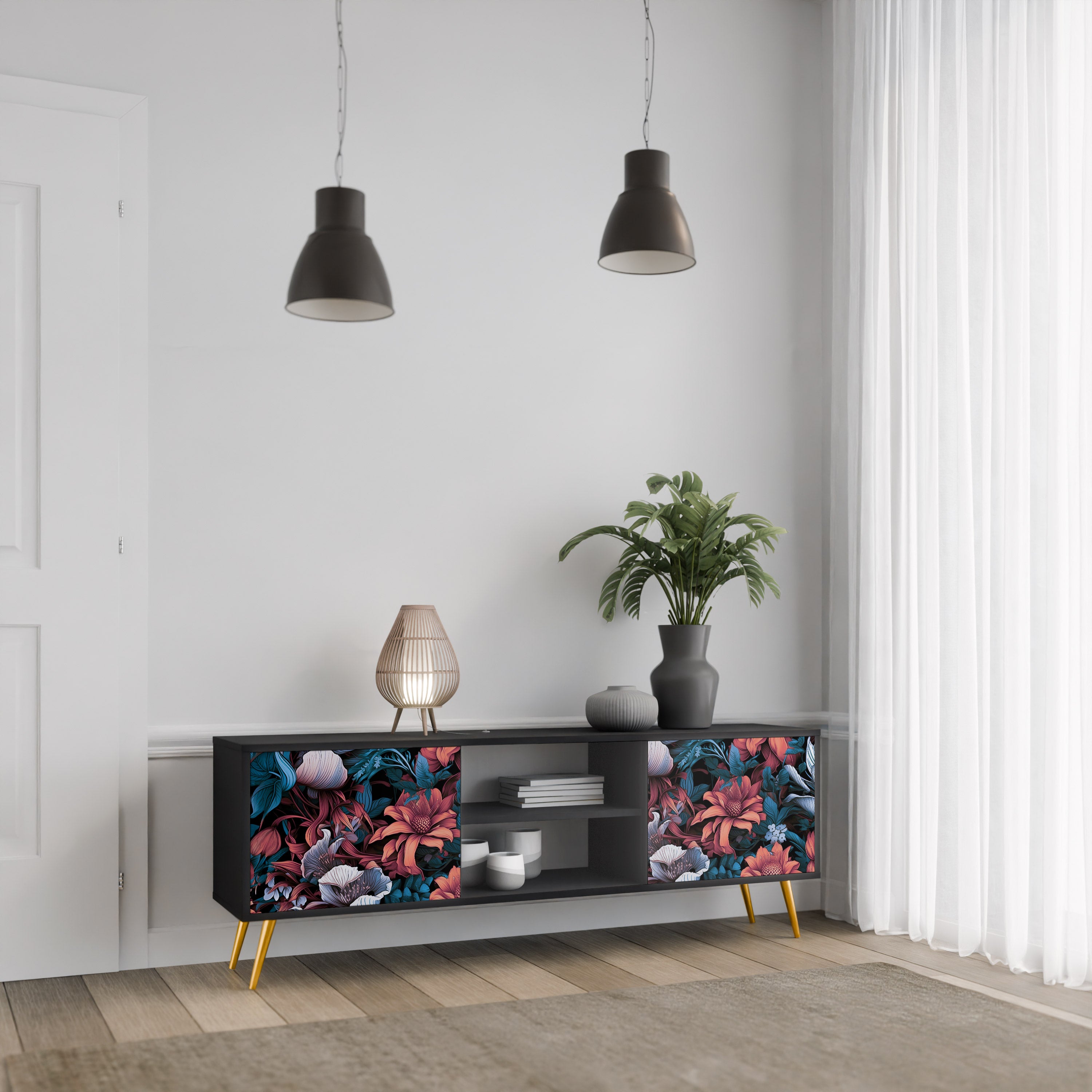 Mueble de TV de dos puertas ETHEREAL BLOSSOMS con acabado negro