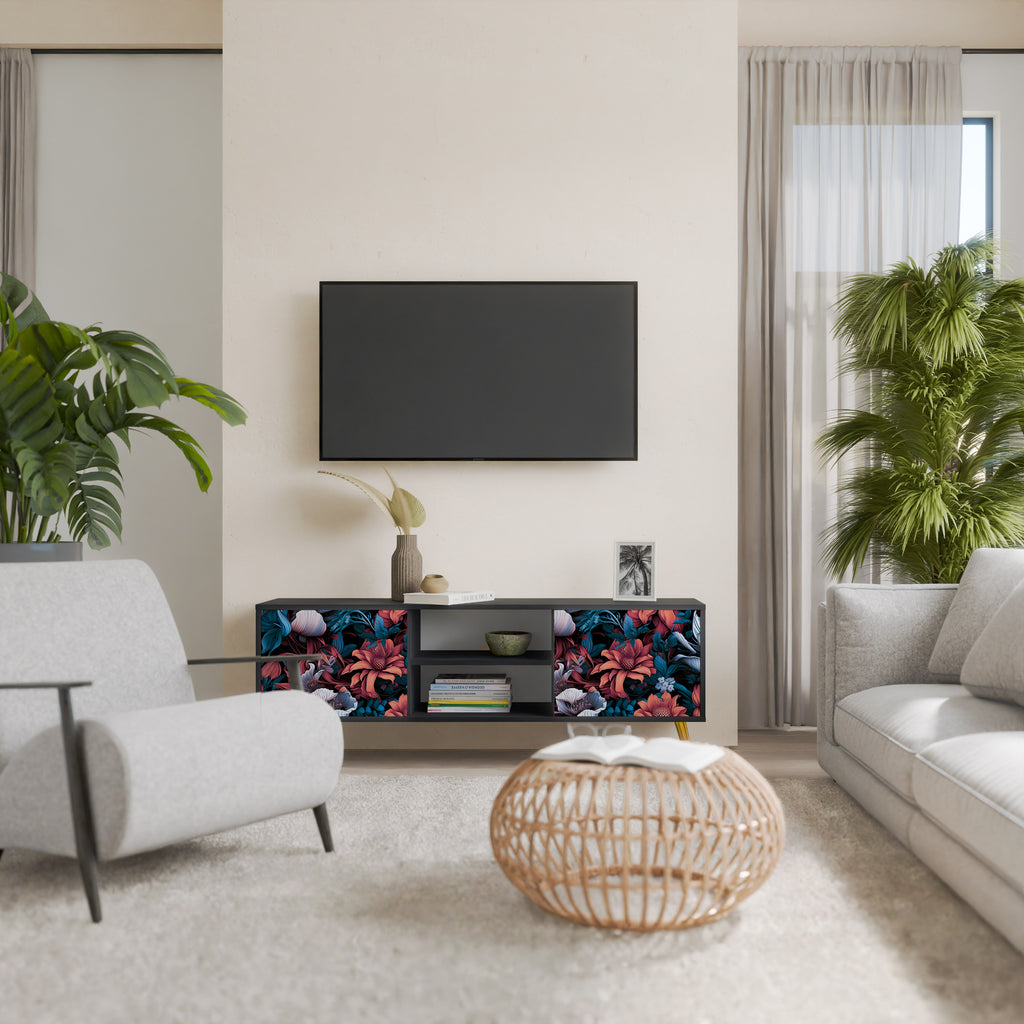 Mueble de TV de dos puertas ETHEREAL BLOSSOMS con acabado negro