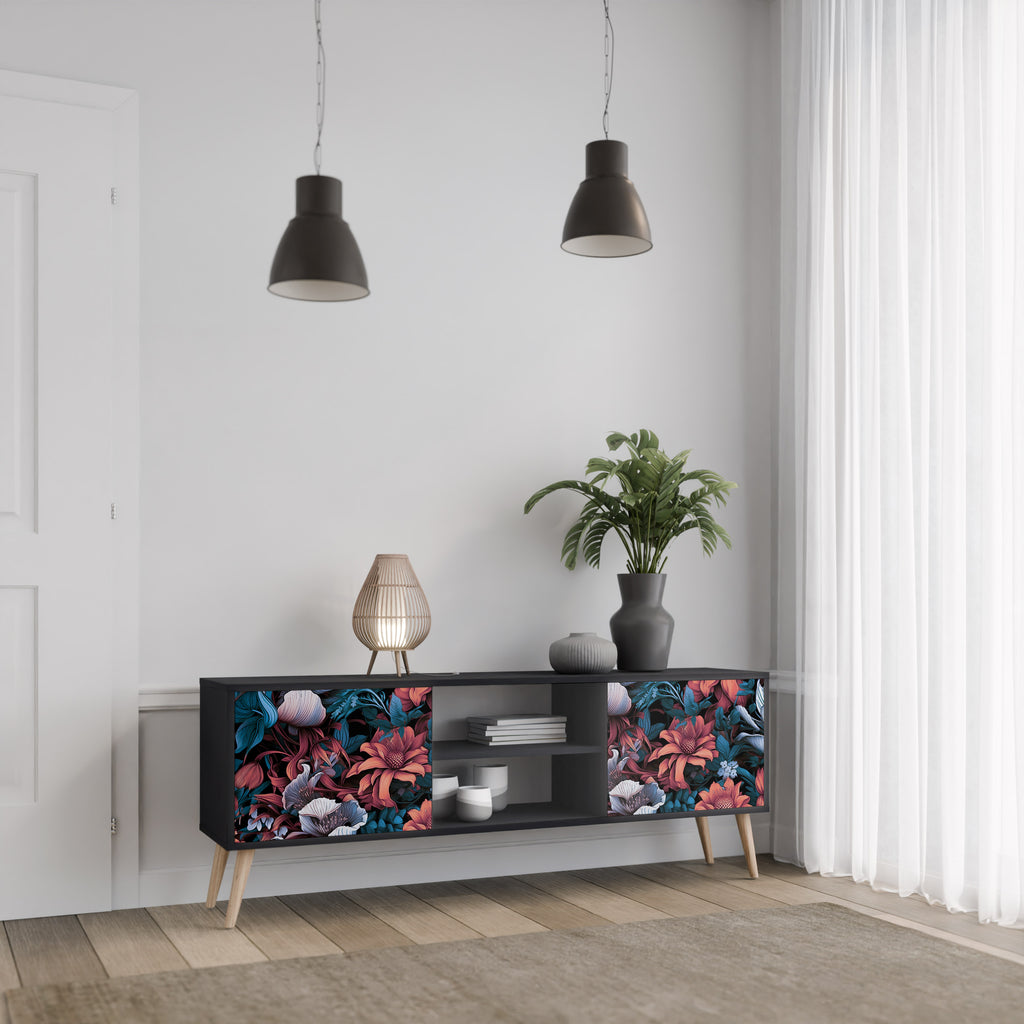 Mueble de TV de dos puertas ETHEREAL BLOSSOMS con acabado negro