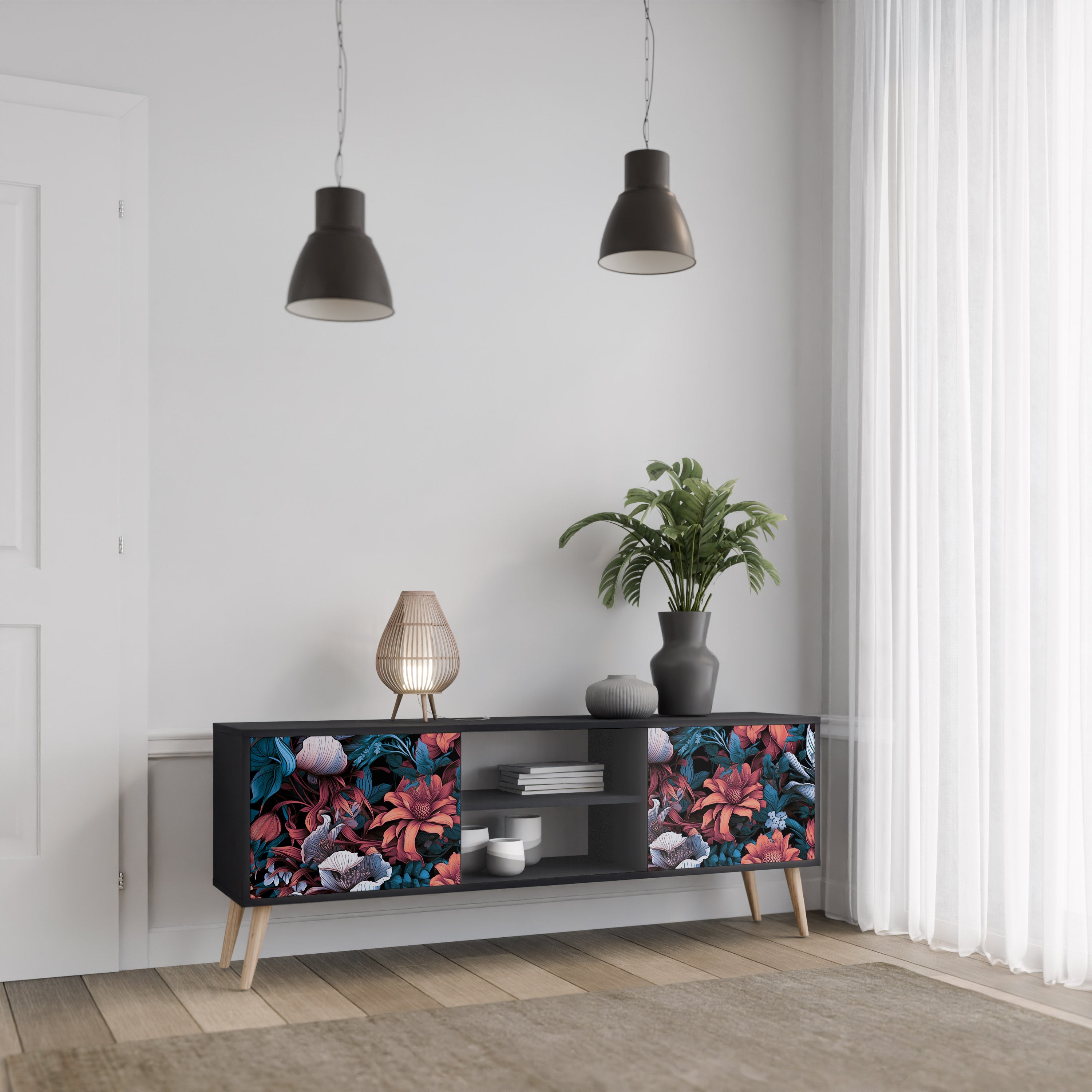 Mueble de TV de dos puertas ETHEREAL BLOSSOMS con acabado negro