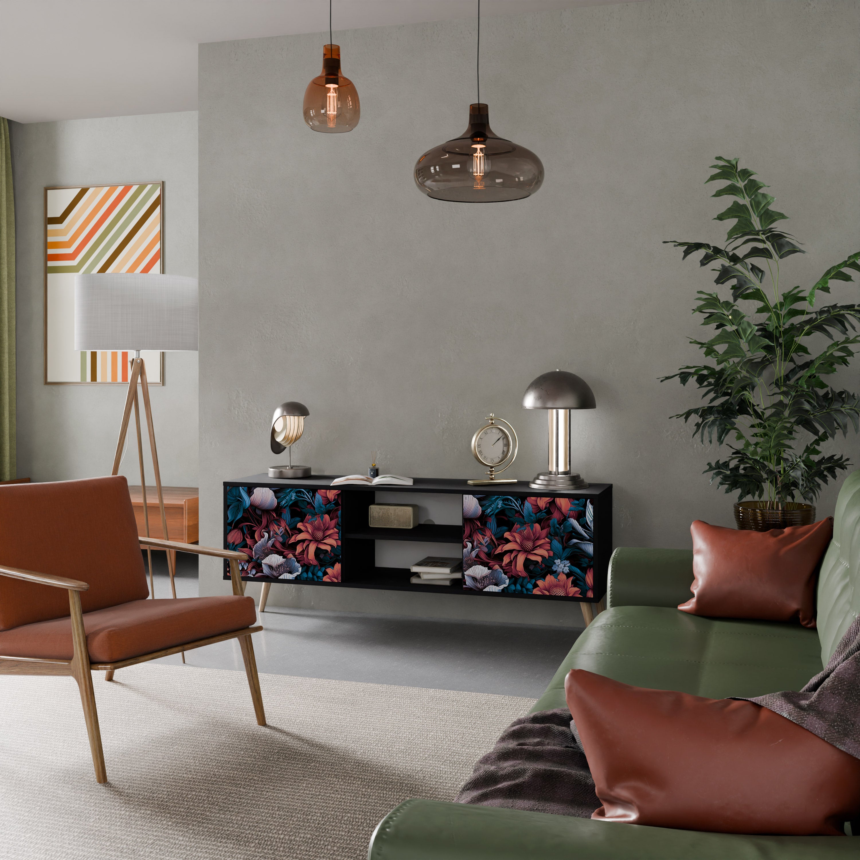 Mueble de TV de dos puertas ETHEREAL BLOSSOMS con acabado negro